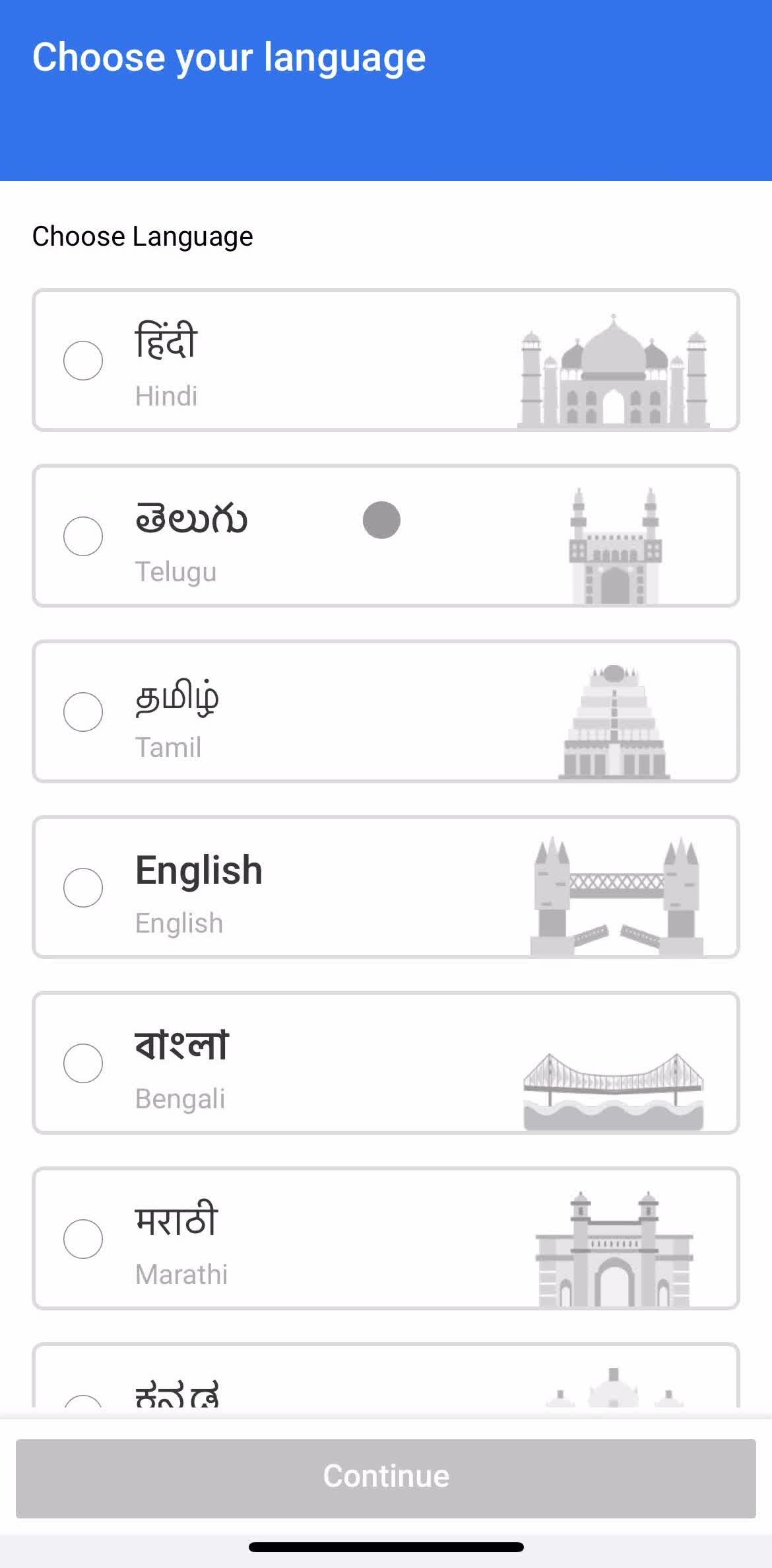 Flipkart Select language screen in the Onboarding flow