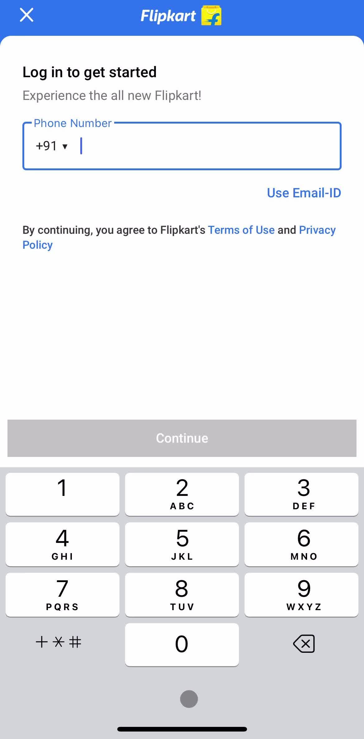 Flipkart Enter phone number screen in the Onboarding flow
