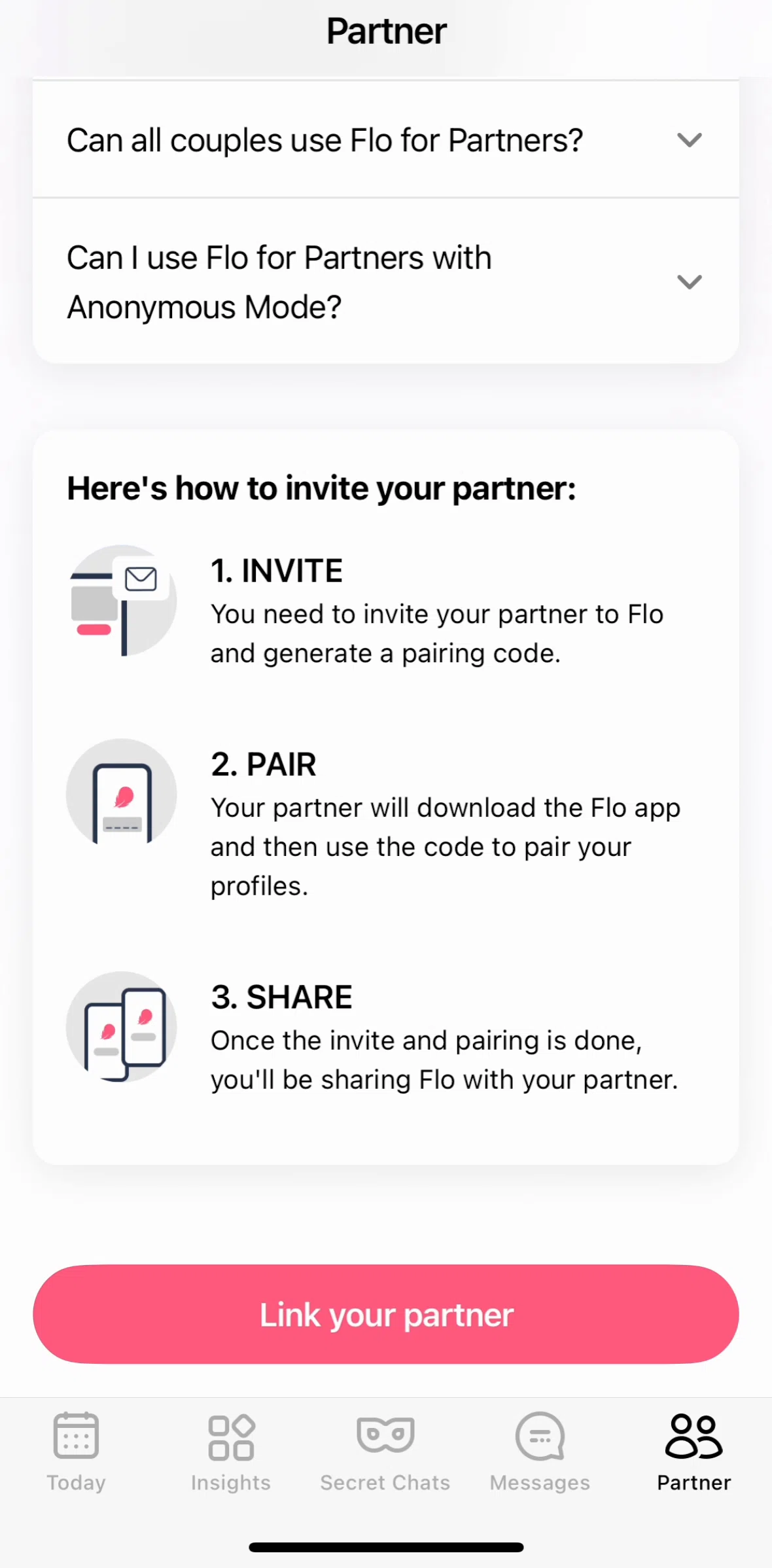 Flo Screen screen in the Linking a partner flow