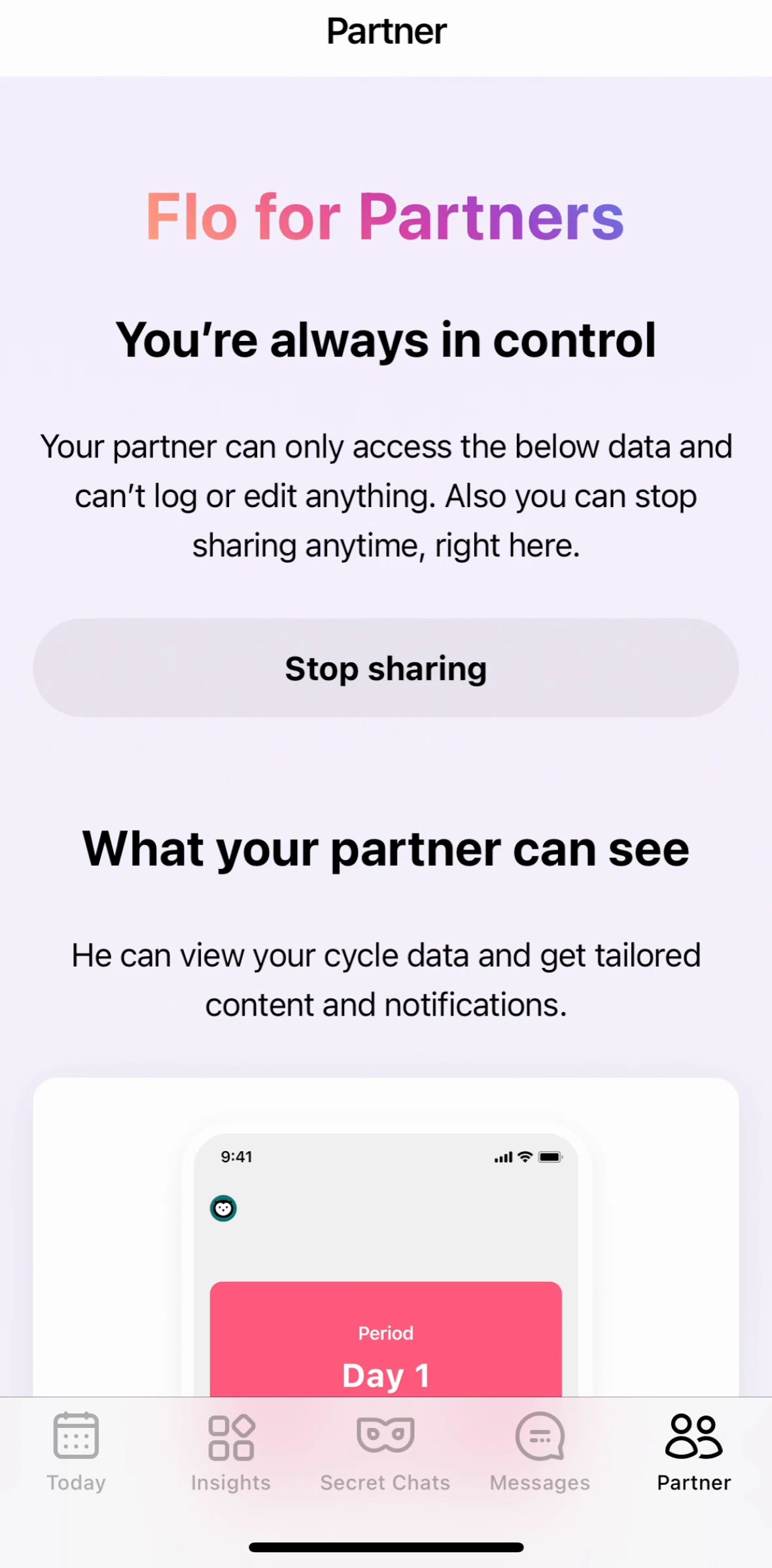 Flo Screen screen in the Stop sharing with a partner flow