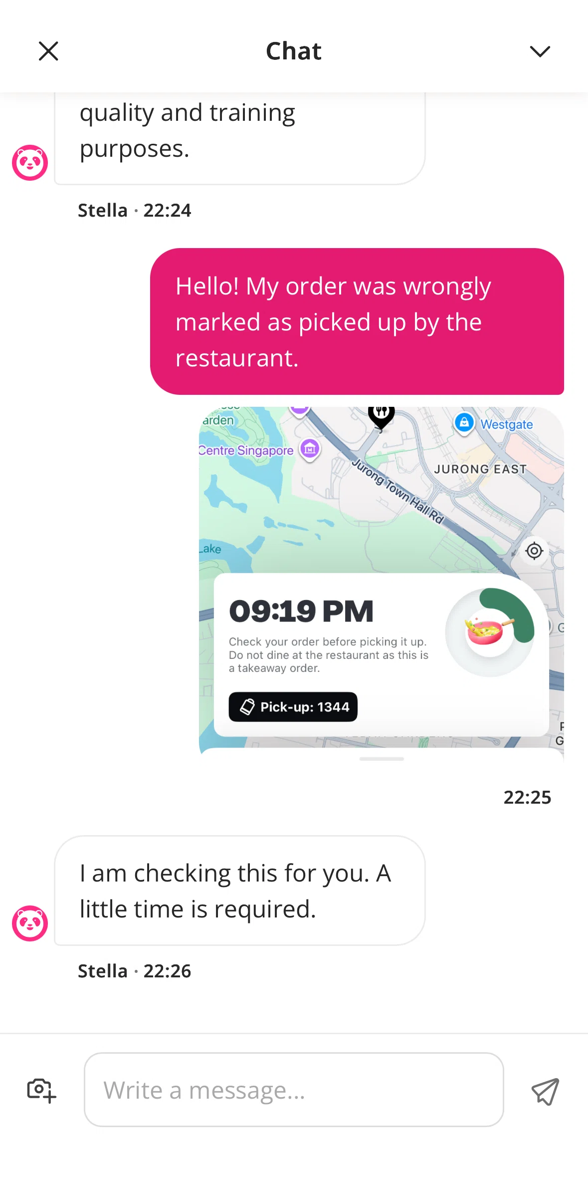 Foodpanda Screen screen in the Ending a chat flow