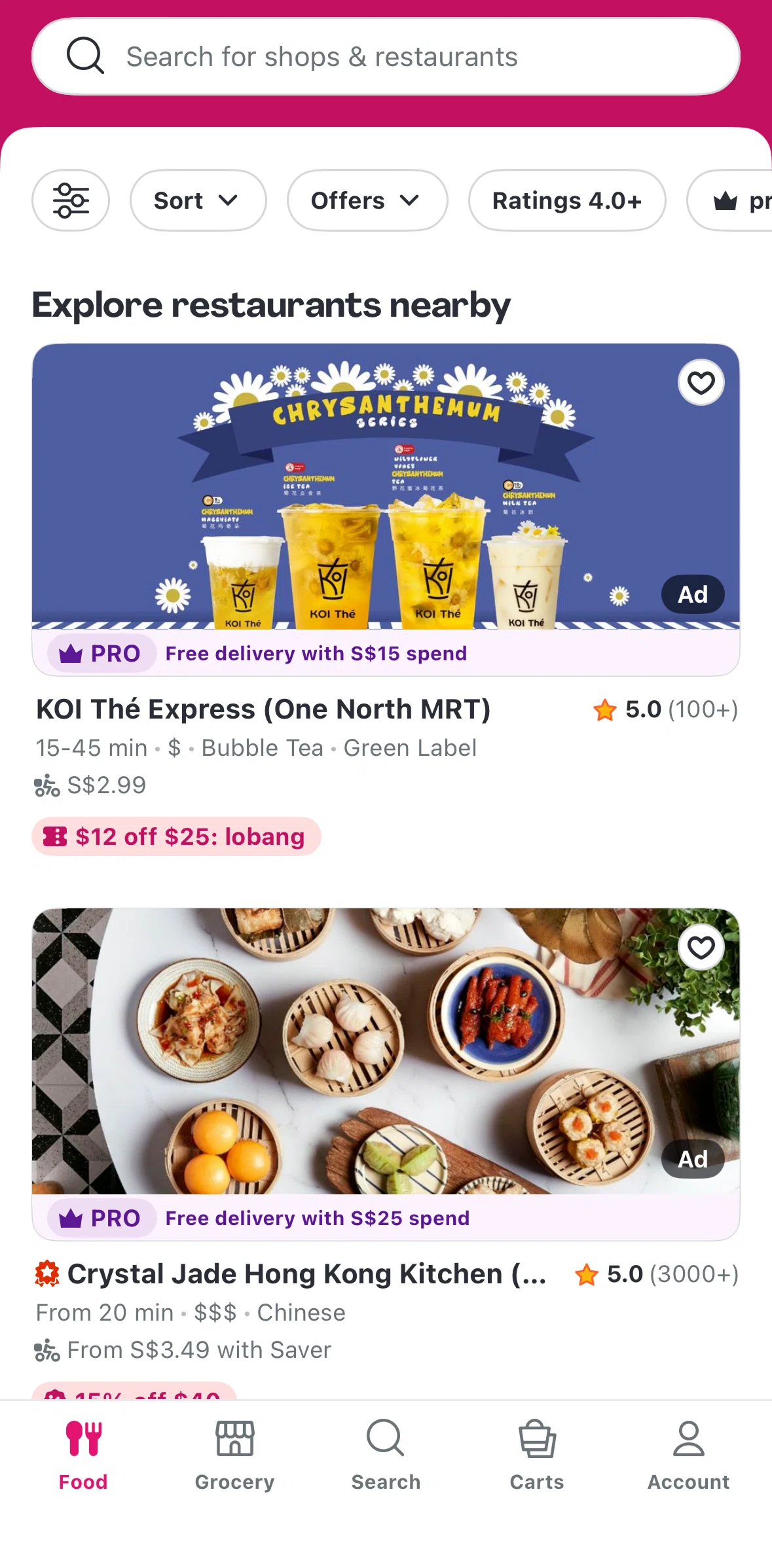 Foodpanda Screen screen in the Filtering restaurants flow