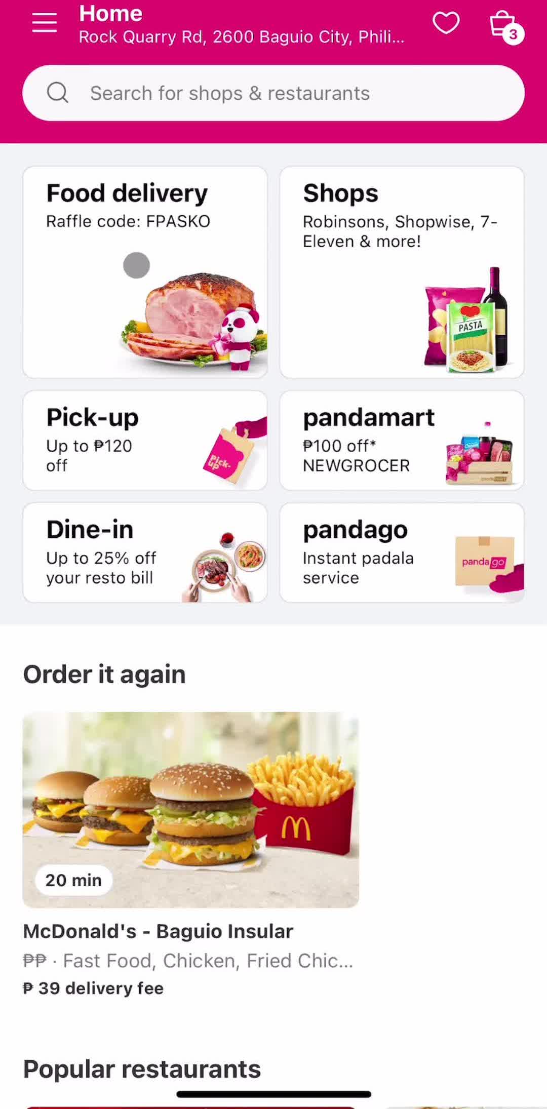 Foodpanda Home screen in the General Browsing flow