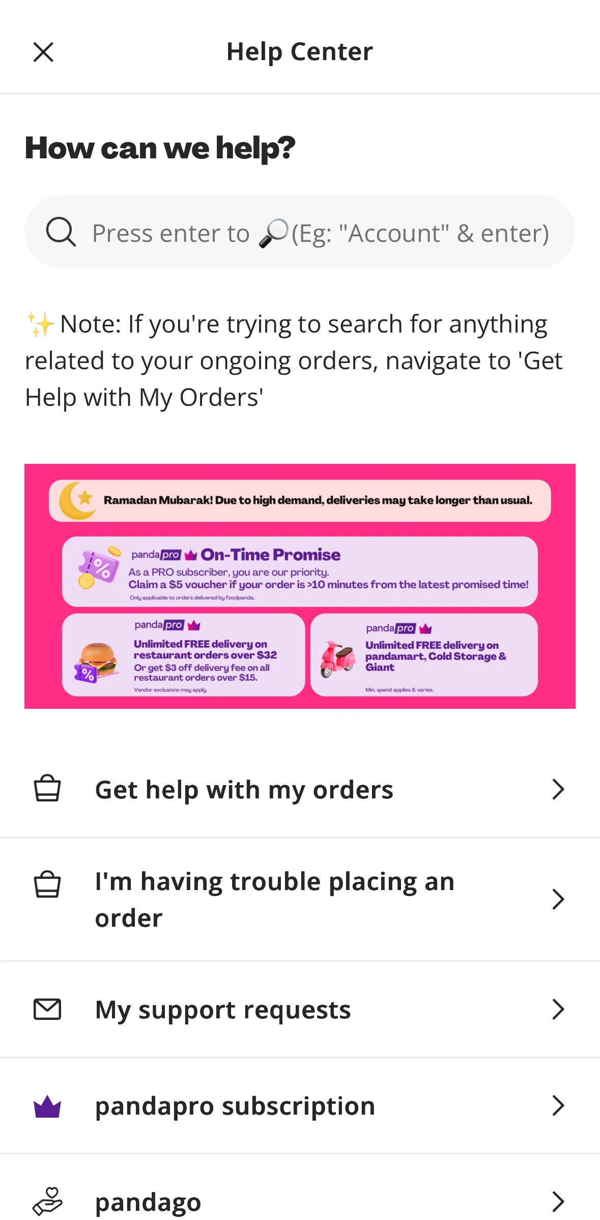 Foodpanda Screen screen in the Help article flow