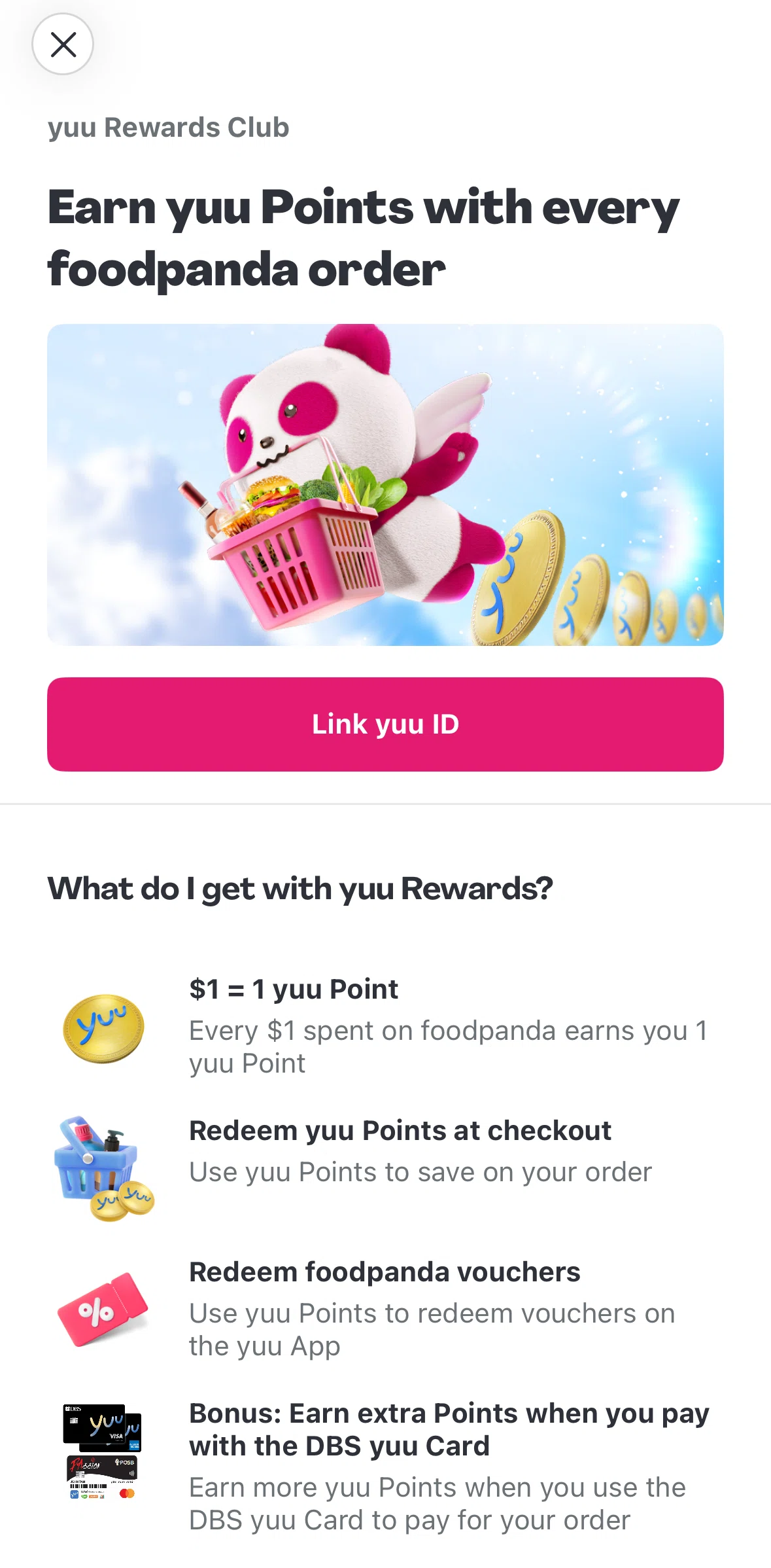 Foodpanda Screen screen in the Linking a yuu ID flow