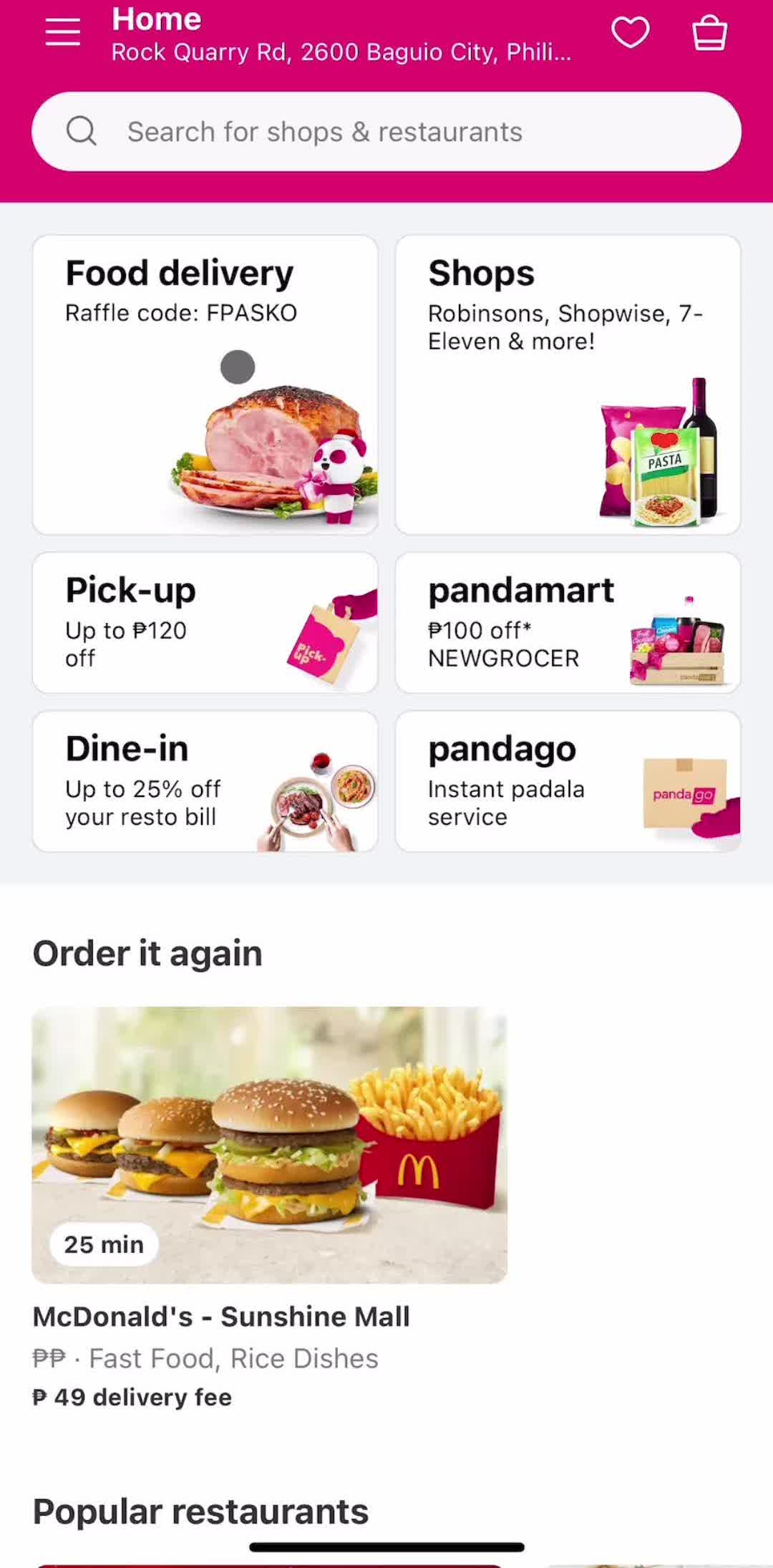 Foodpanda Home screen in the Ordering Food flow