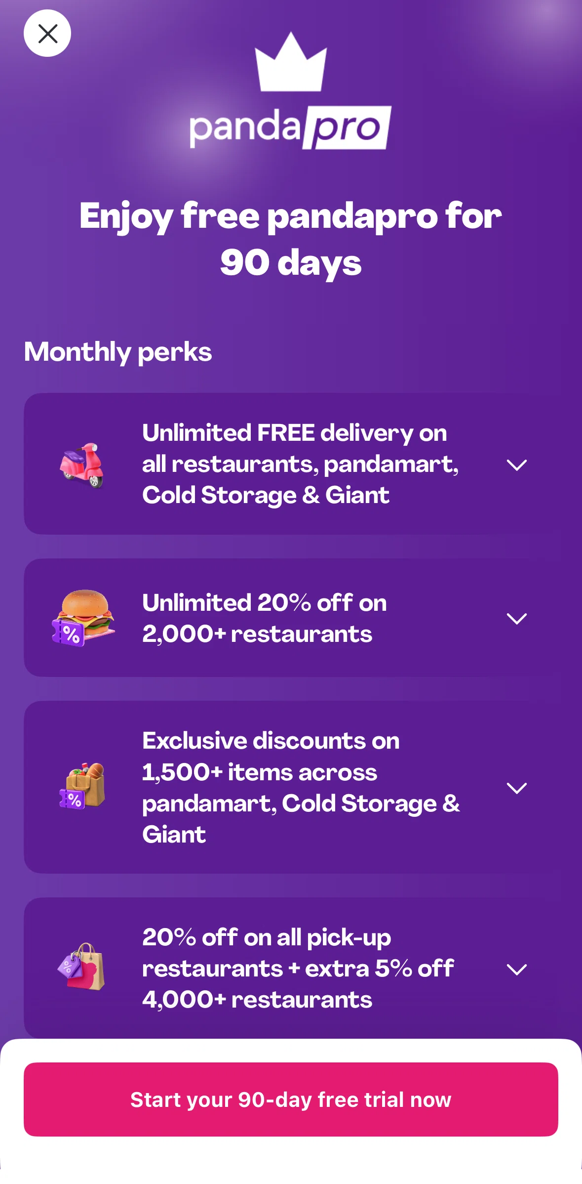 Foodpanda Screen screen in the Subscribing to pandapro flow