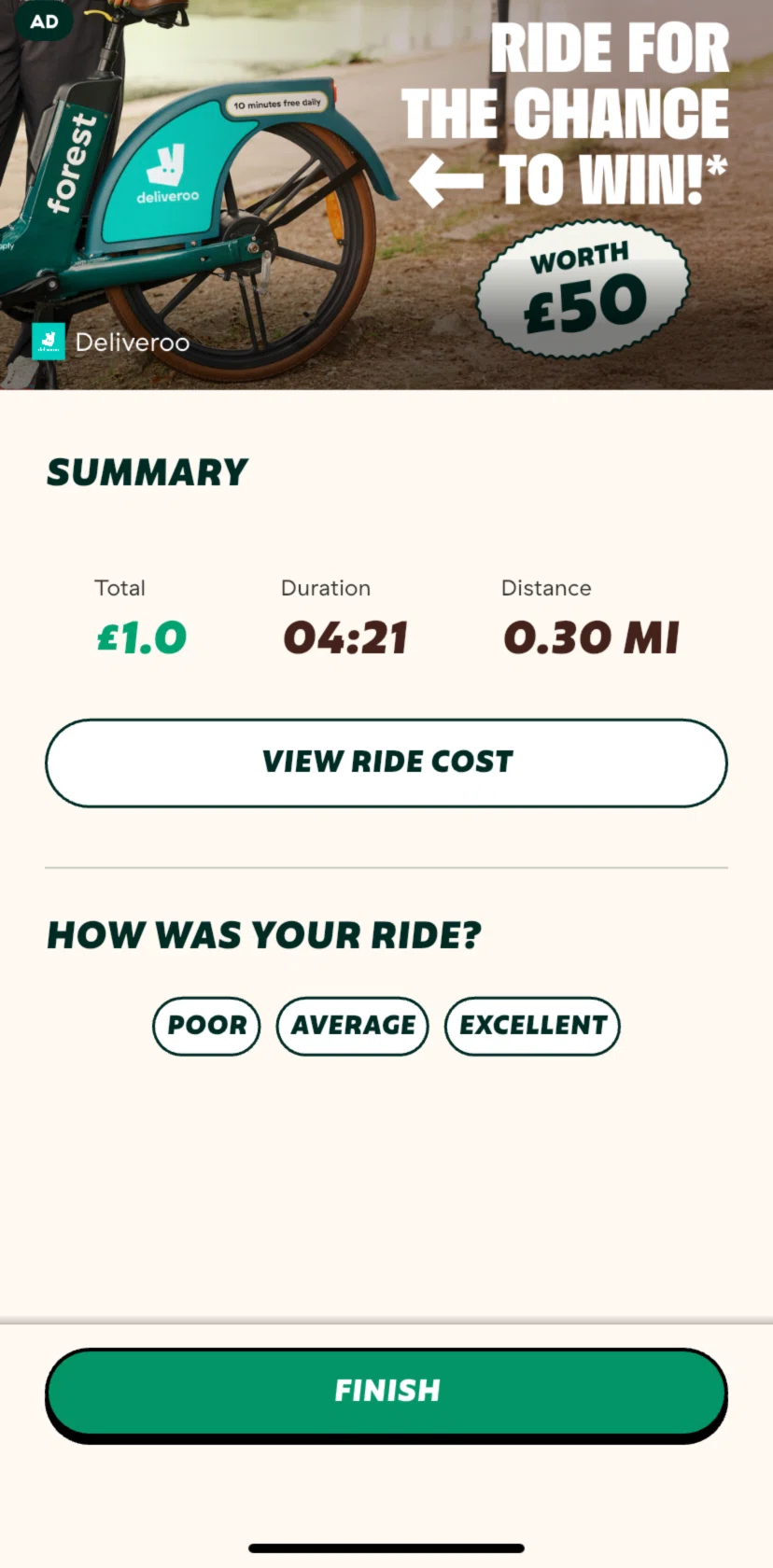 Forest Screen screen in the Ride summary flow
