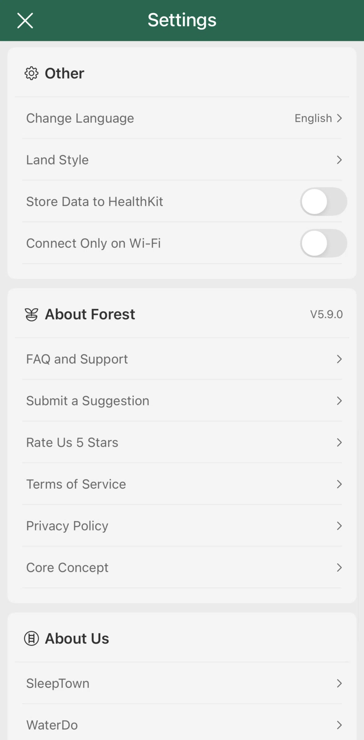 Forest Screen screen in the Changing language flow