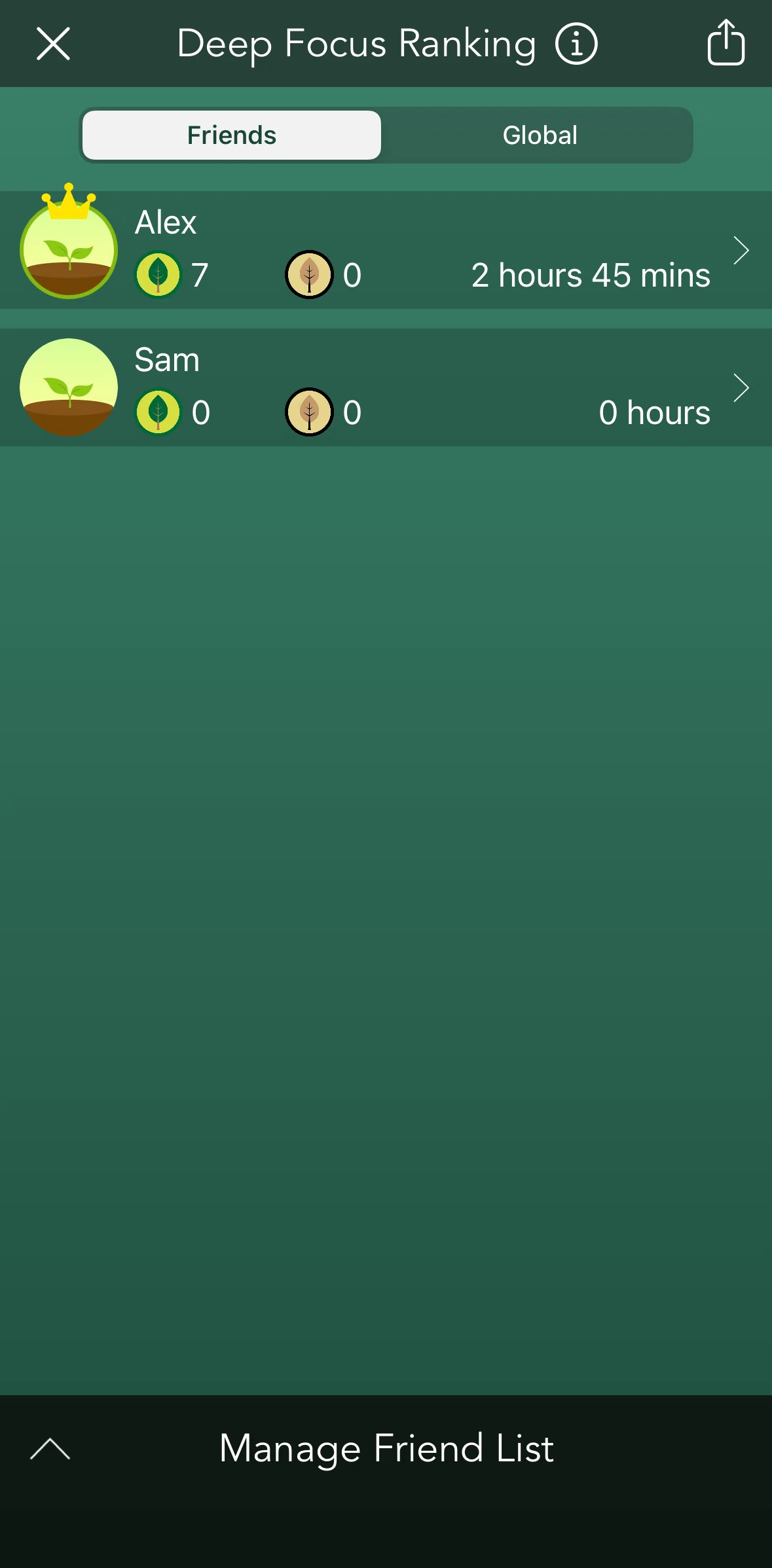 Forest Screen screen in the Friend list flow