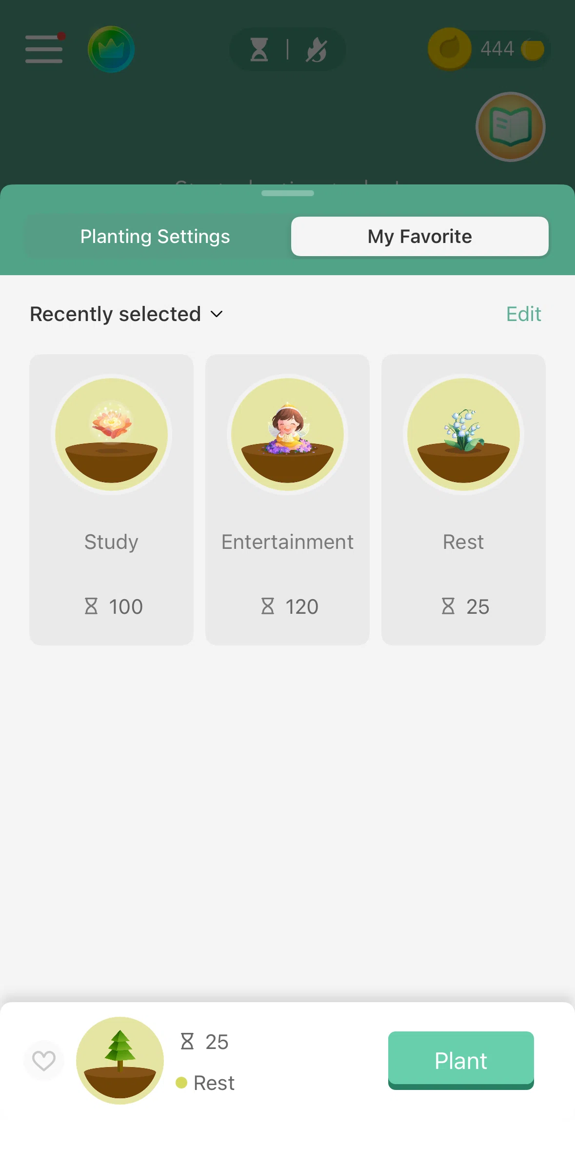 Forest Screen screen in the Removing a setting from favorites flow