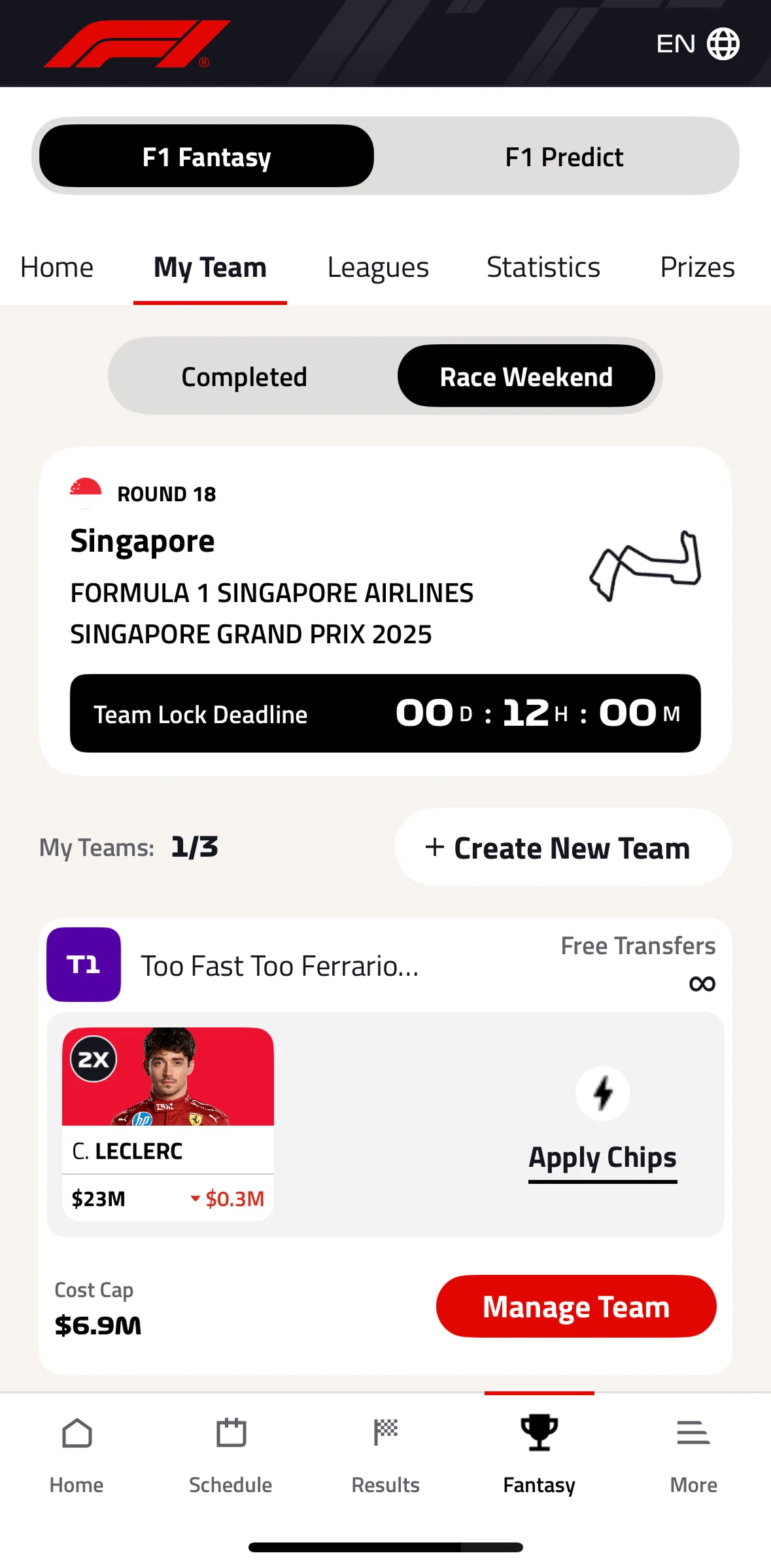 Formula 1® Screen screen in the Adding a chip flow