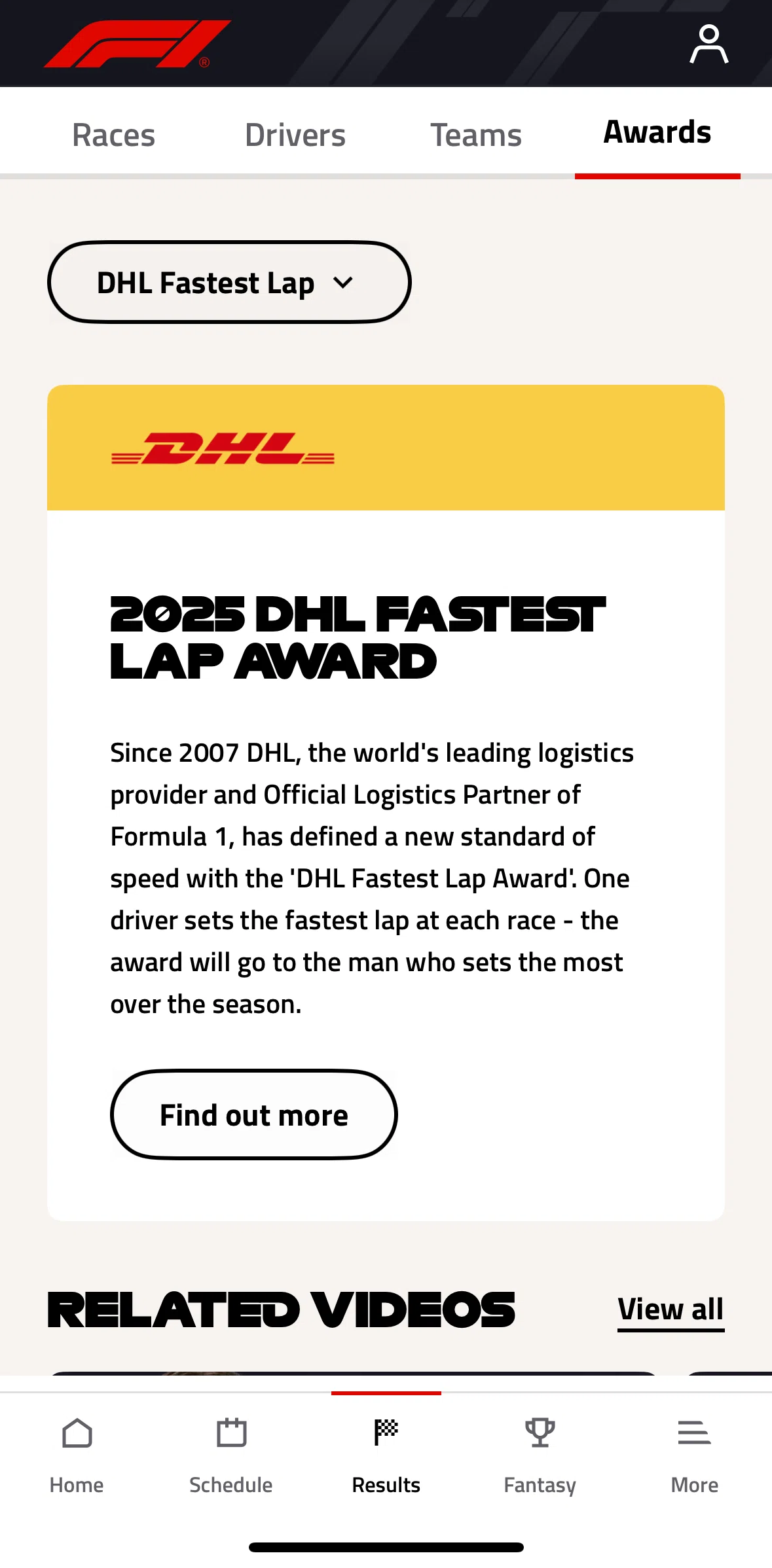 Formula 1® Screen screen in the Awards flow