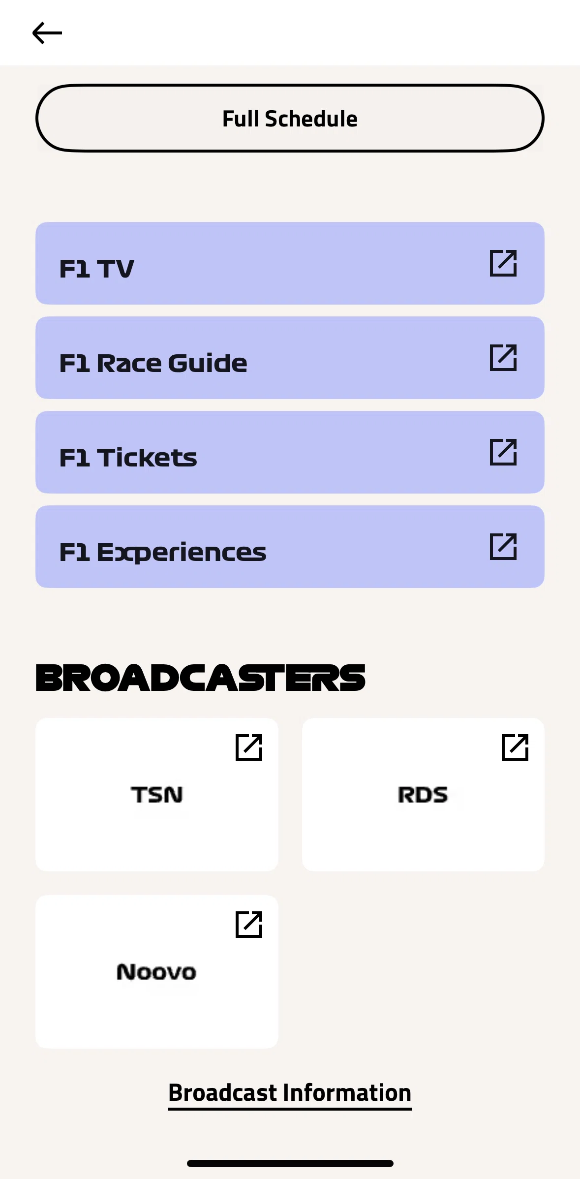 Formula 1® Screen screen in the Broadcast information flow