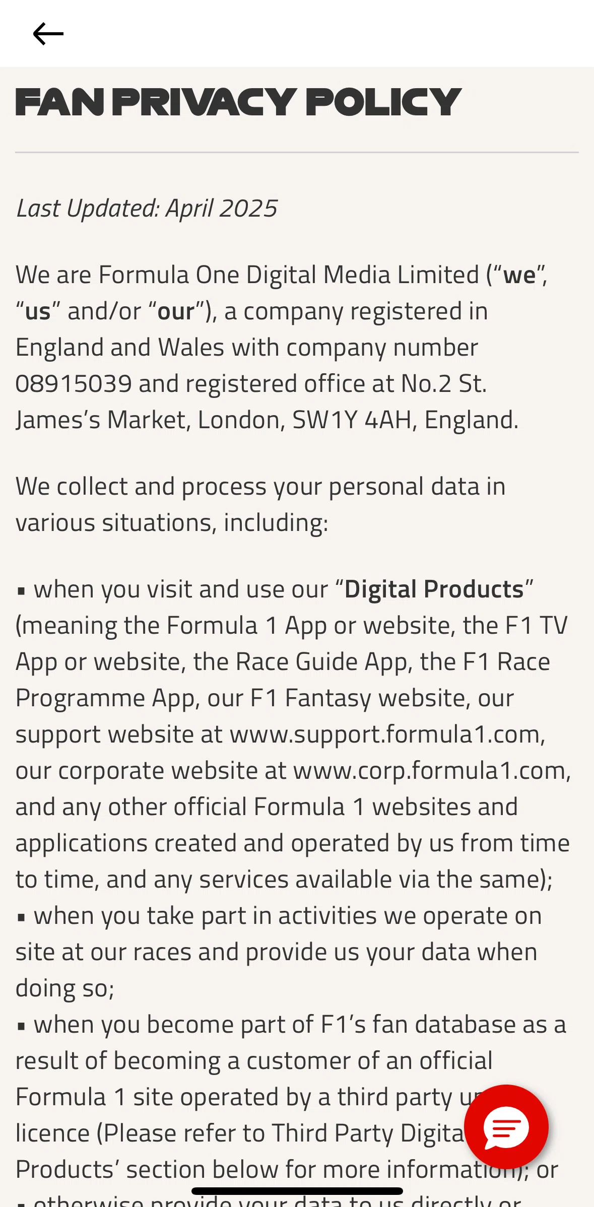 Formula 1® Screen screen in the Chatting with support flow