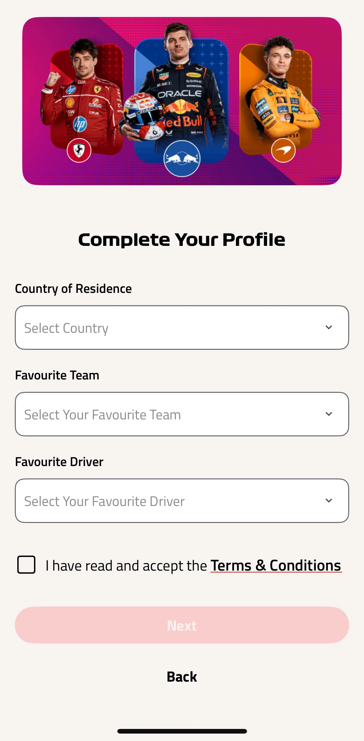Formula 1® Screen screen in the Completing profile flow