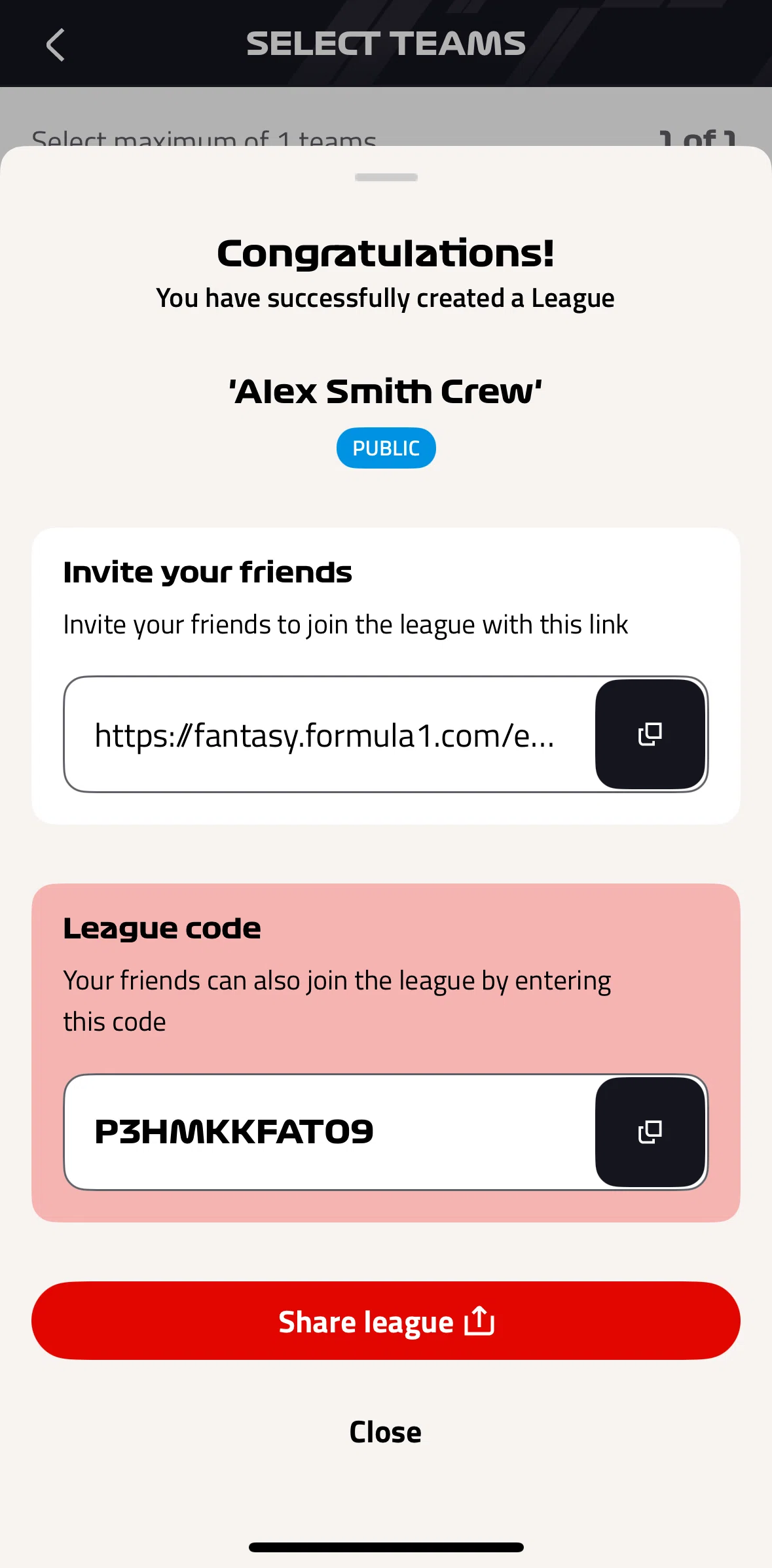 Formula 1® Screen screen in the Copying a link flow