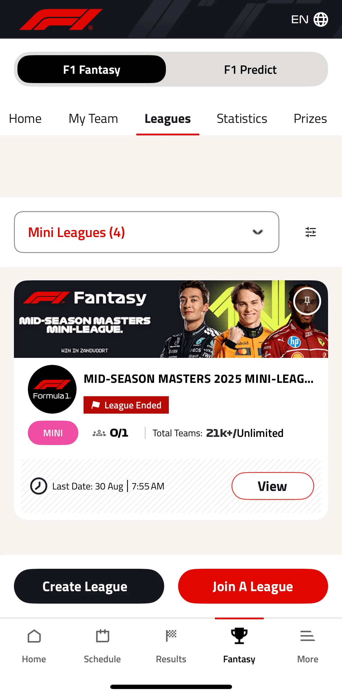Formula 1® Screen screen in the Creating a league flow