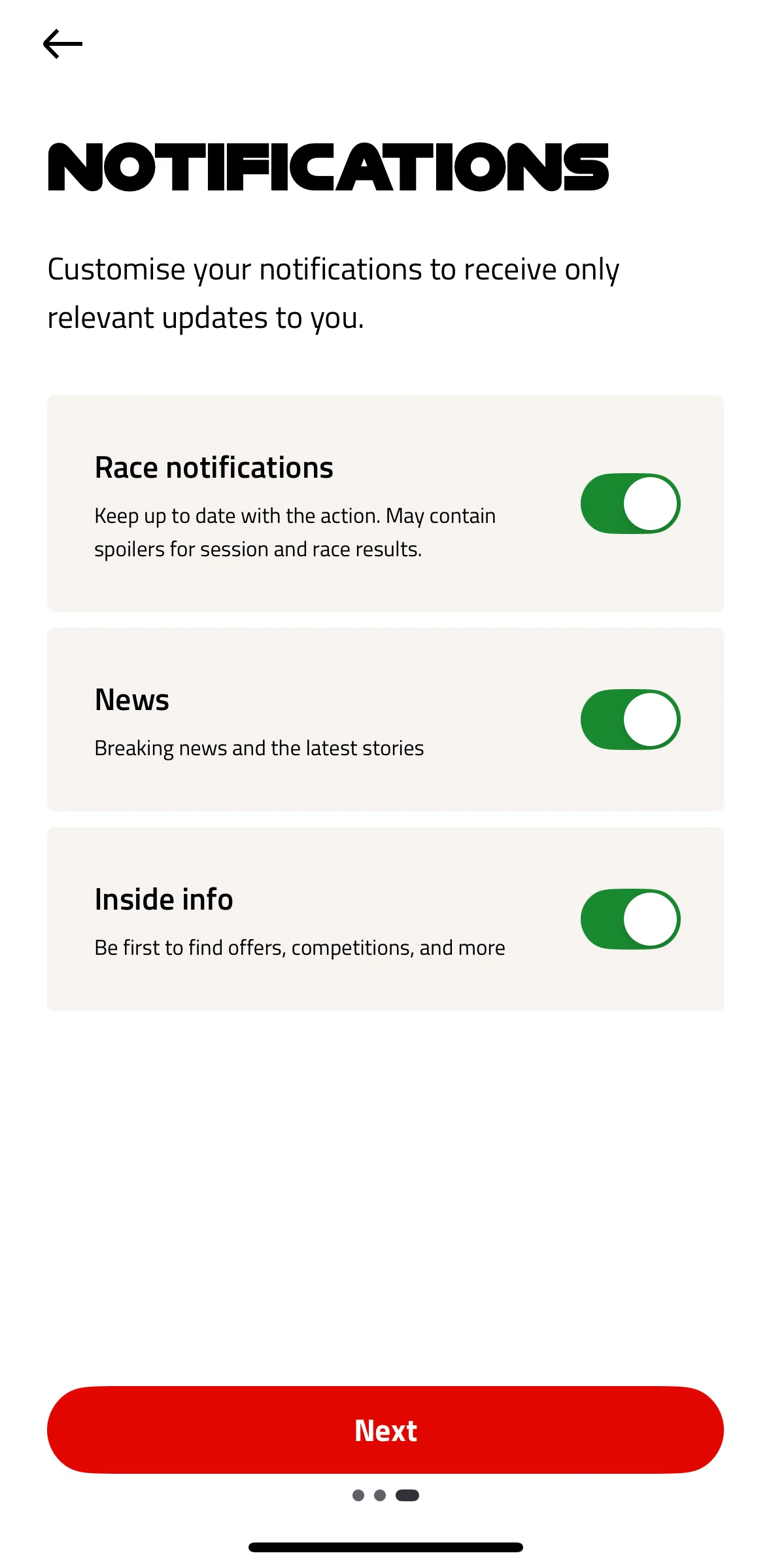 Formula 1® Screen screen in the Creating an account flow