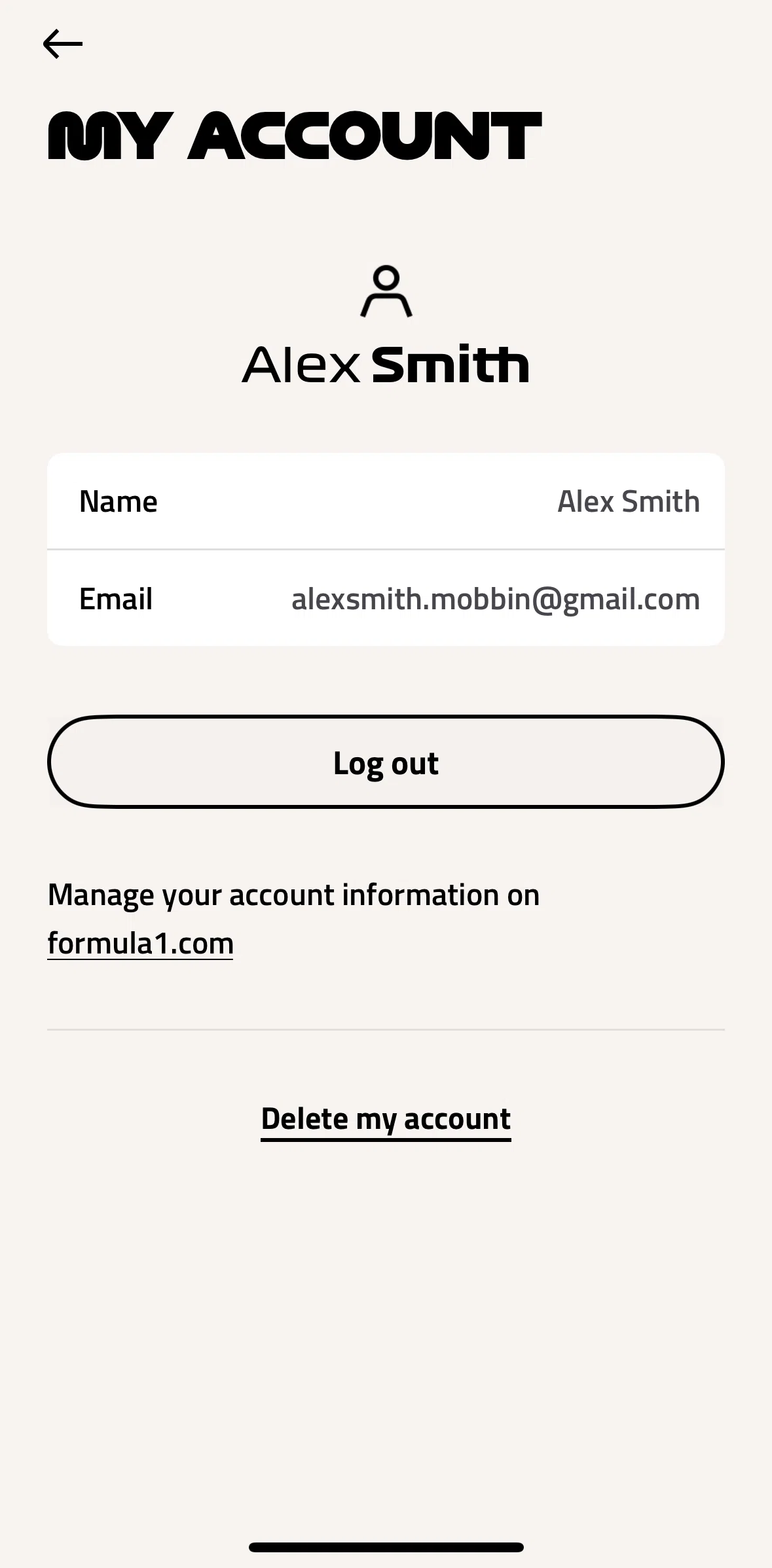 Formula 1® Screen screen in the Deleting an account flow