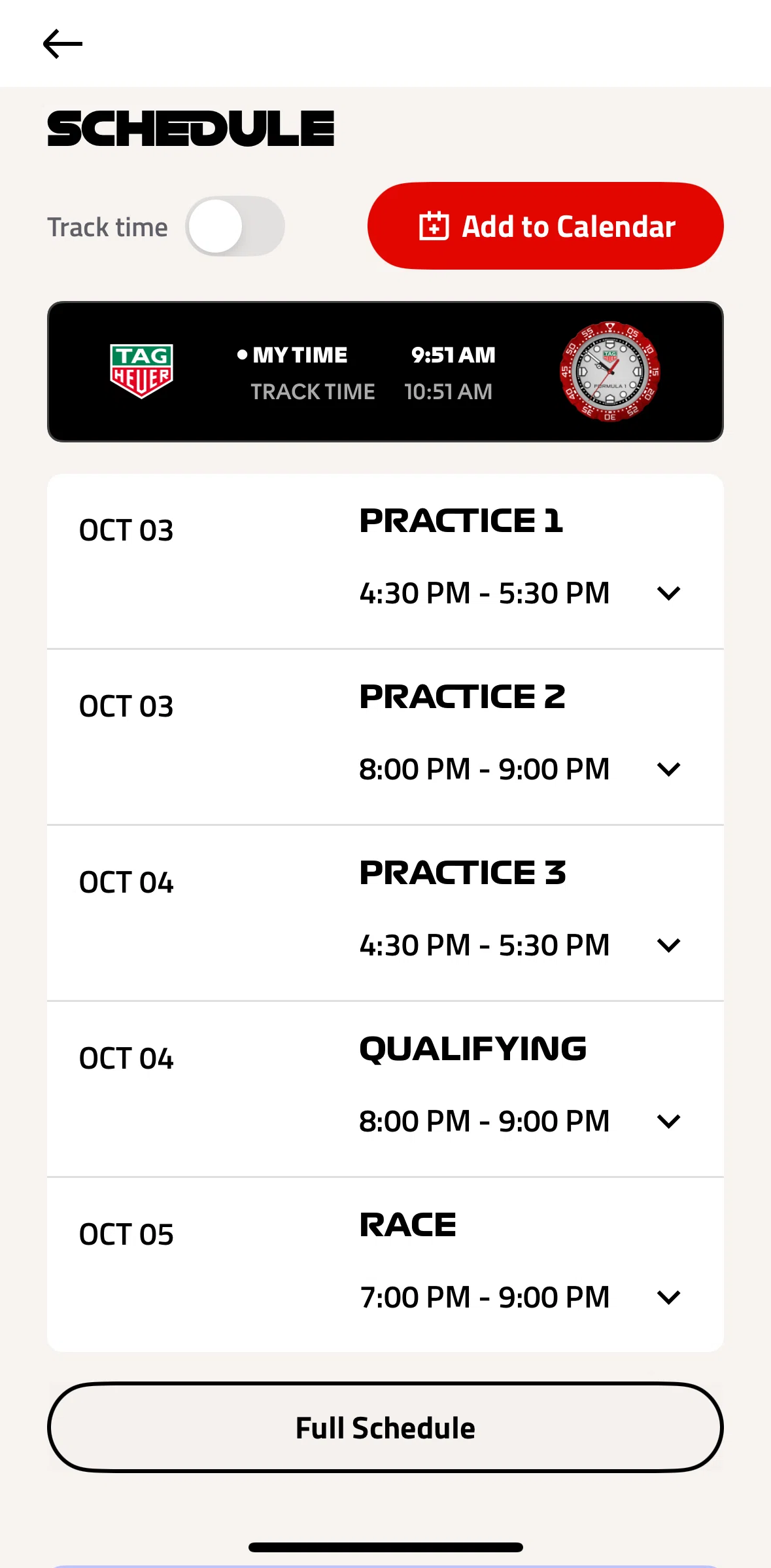 Formula 1® Screen screen in the Enabling track time flow
