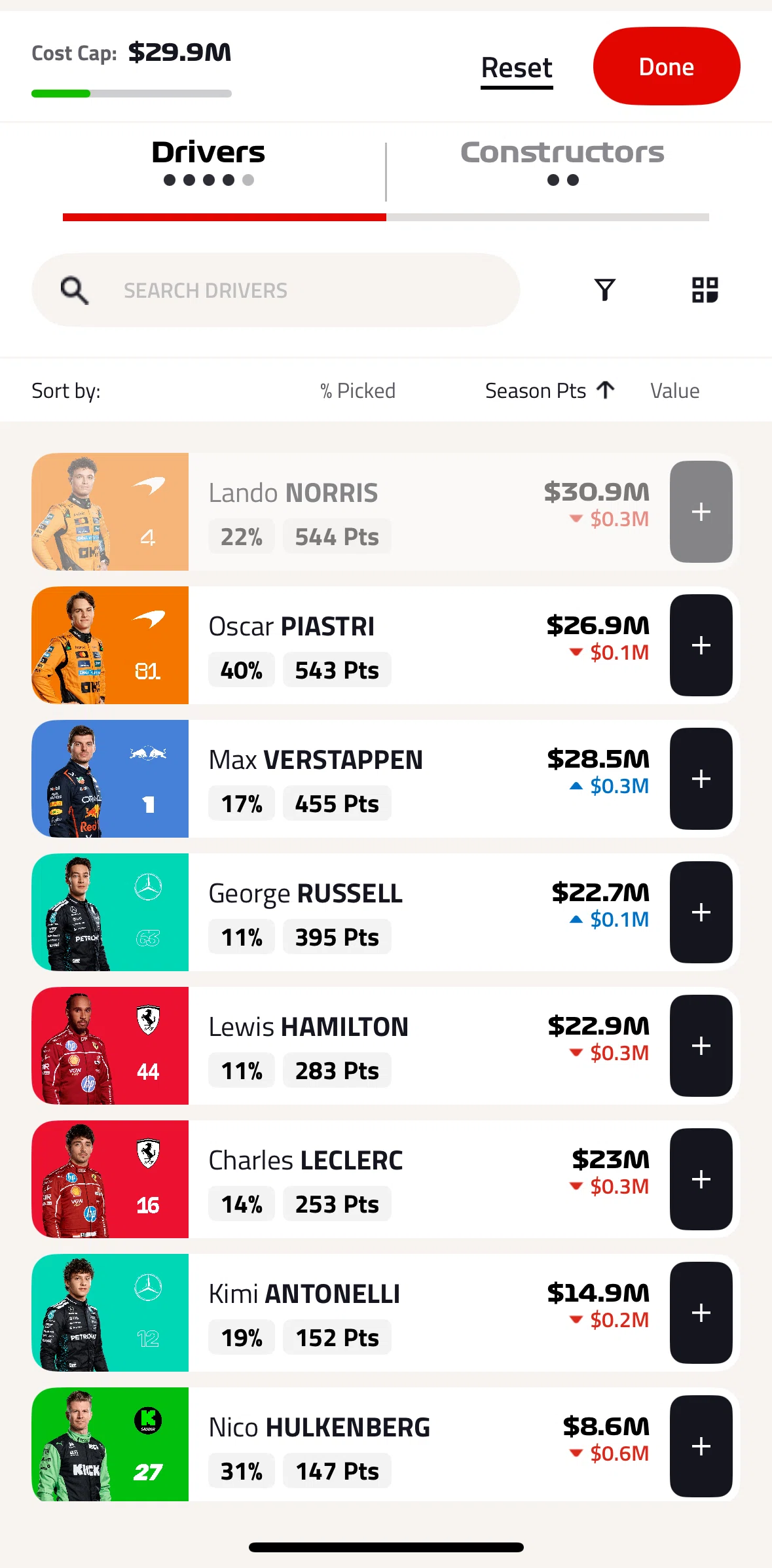 Formula 1® Screen screen in the Filtering drivers (fantasy) flow