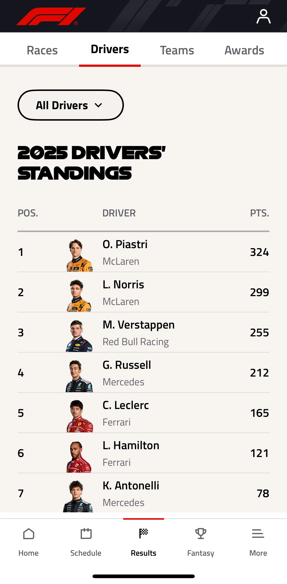 Formula 1® Screen screen in the Filtering drivers flow