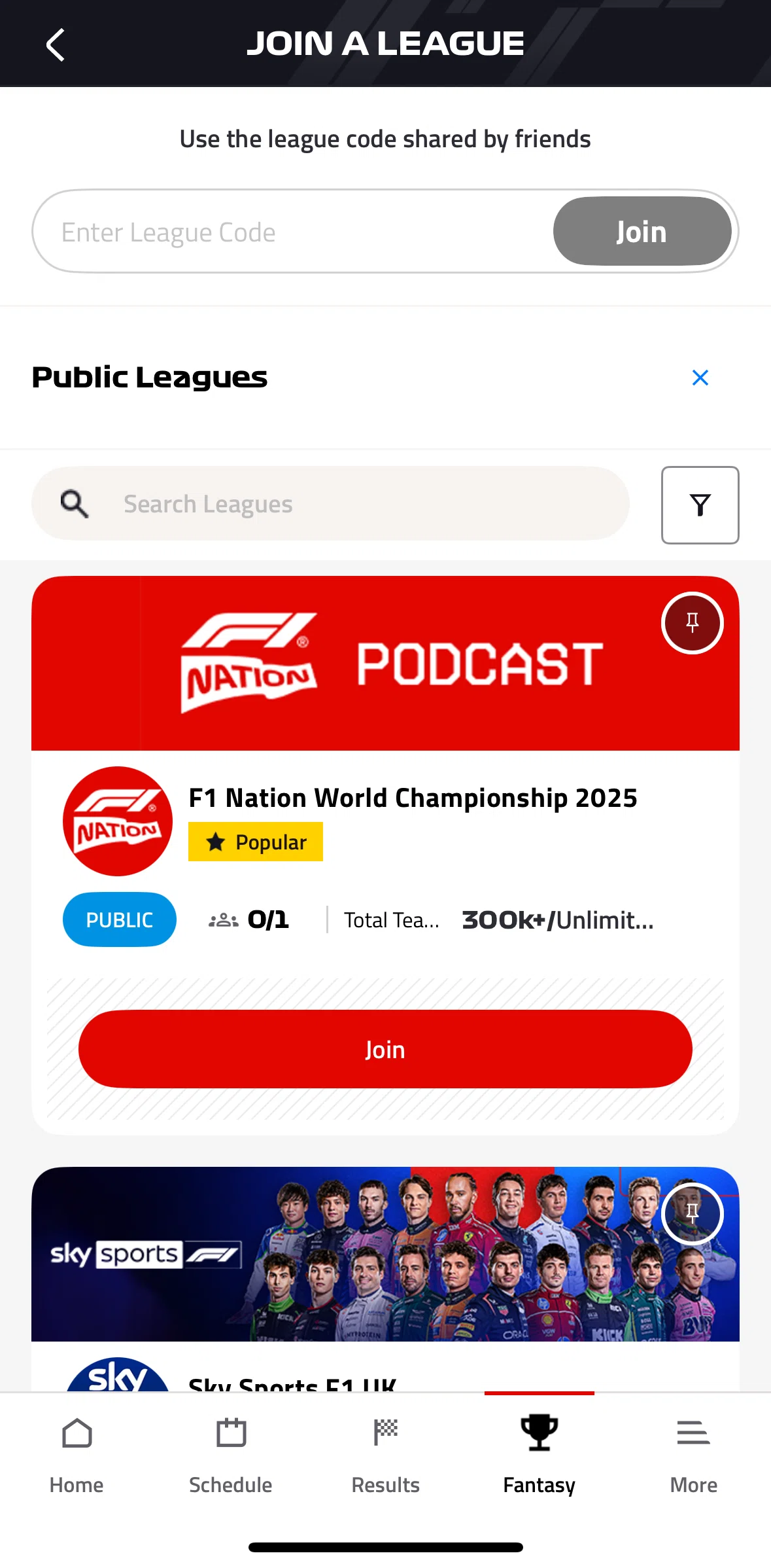 Formula 1® Screen screen in the Filtering leagues flow