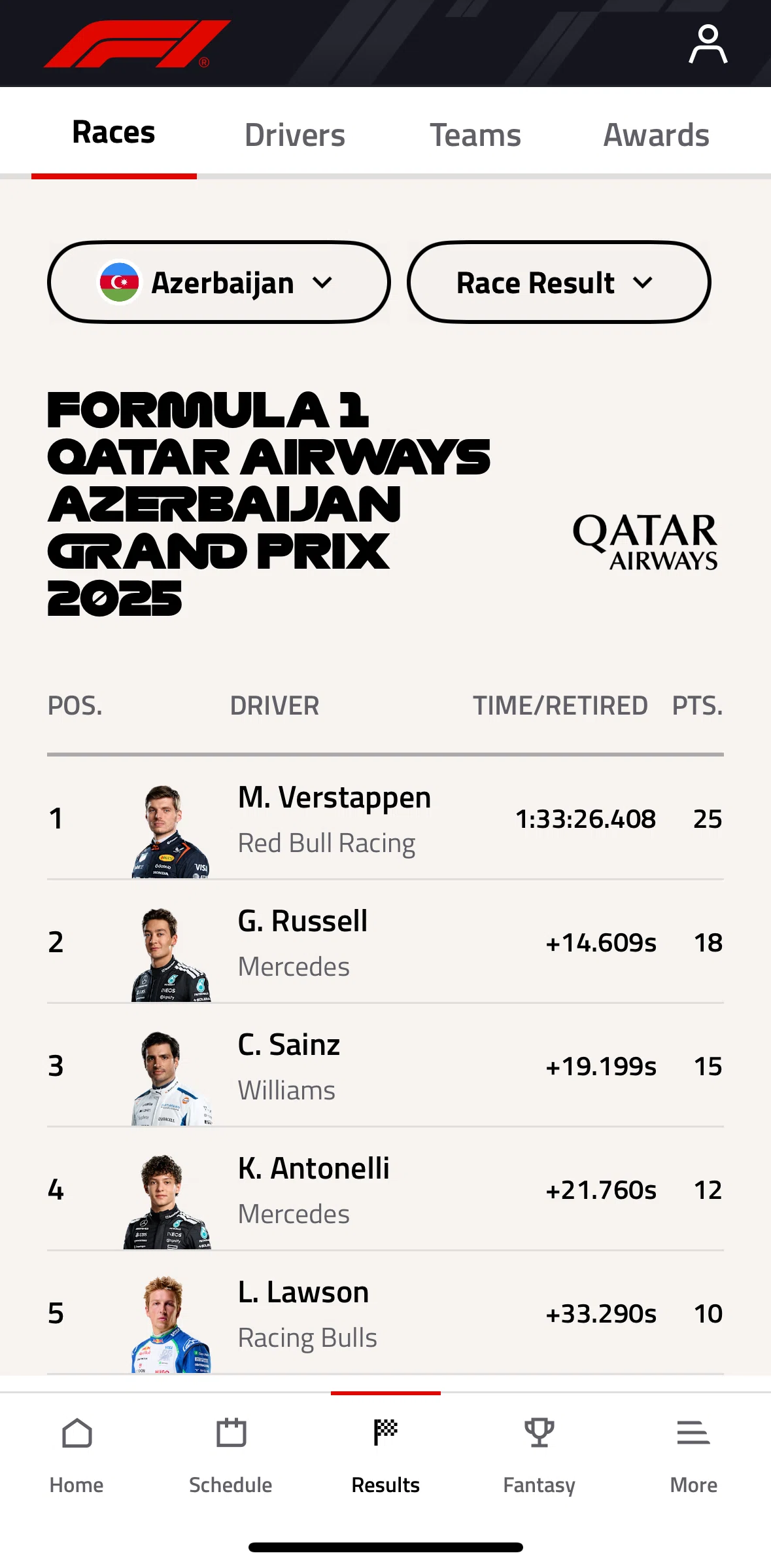 Formula 1® Screen screen in the Filtering race results flow