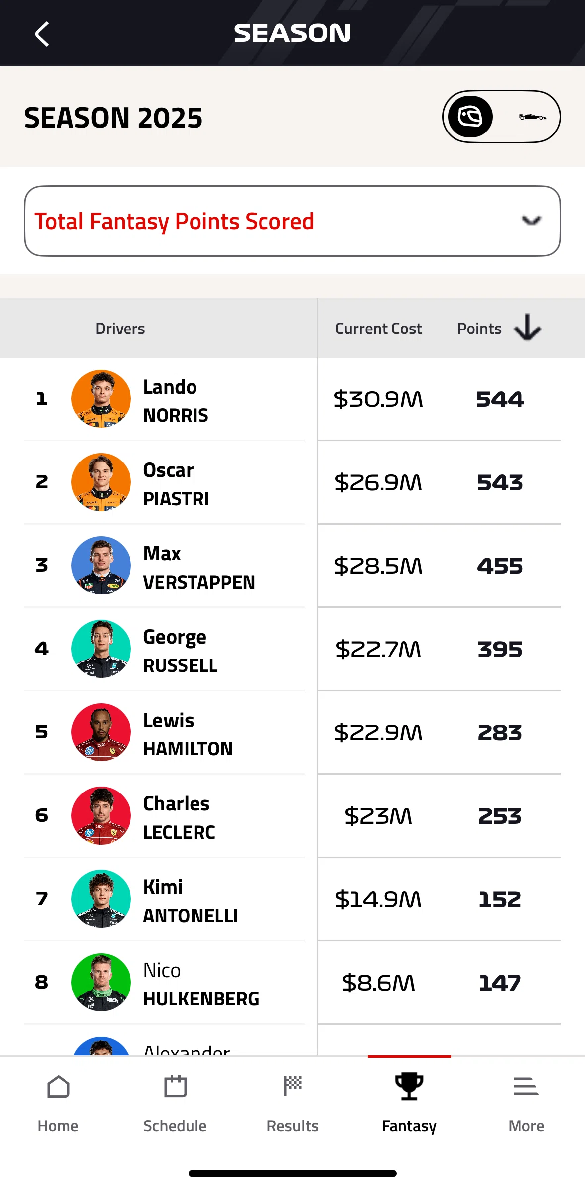 Formula 1® Screen screen in the Filtering season results flow
