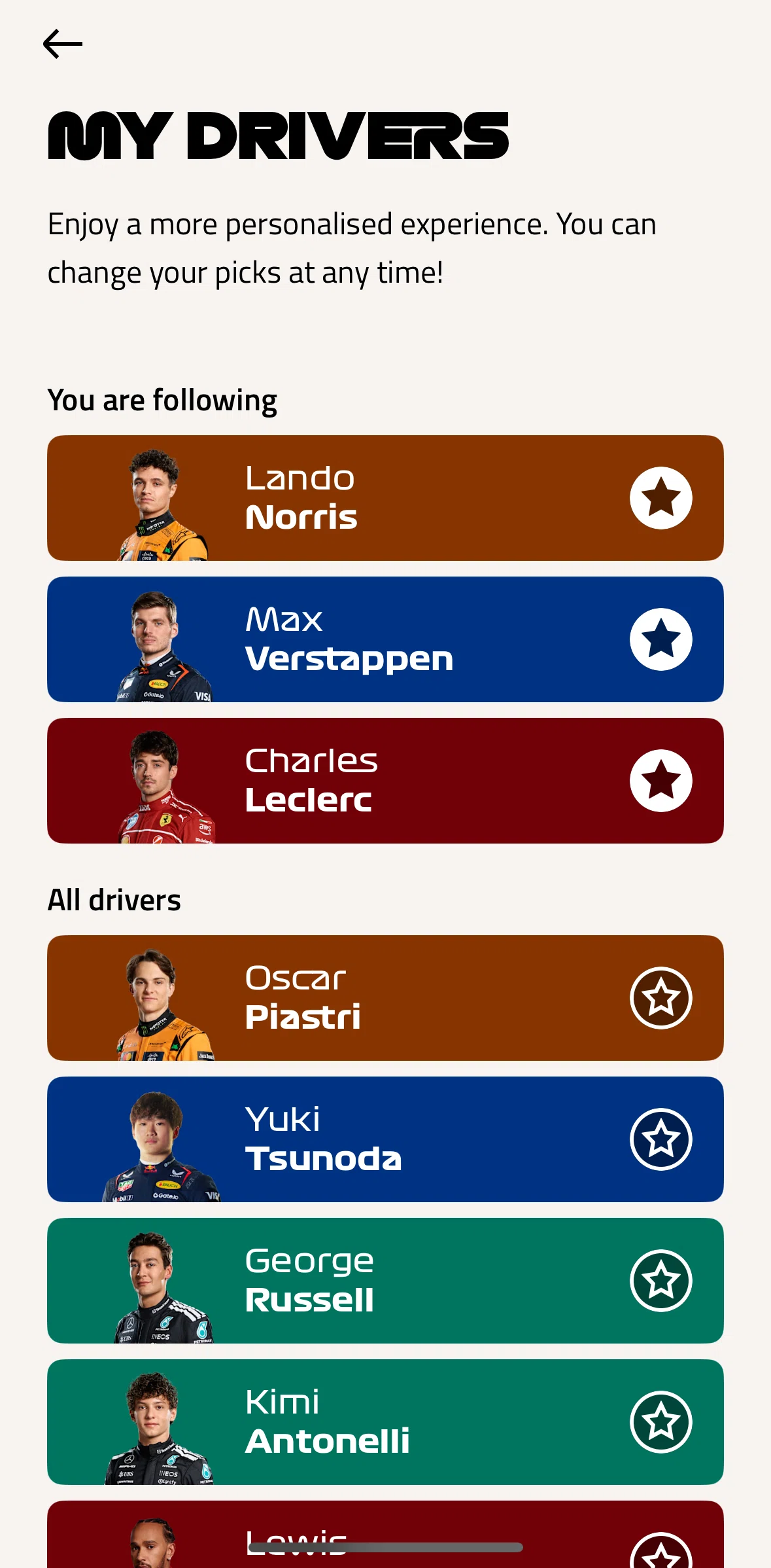 Formula 1® Screen screen in the Following a driver flow
