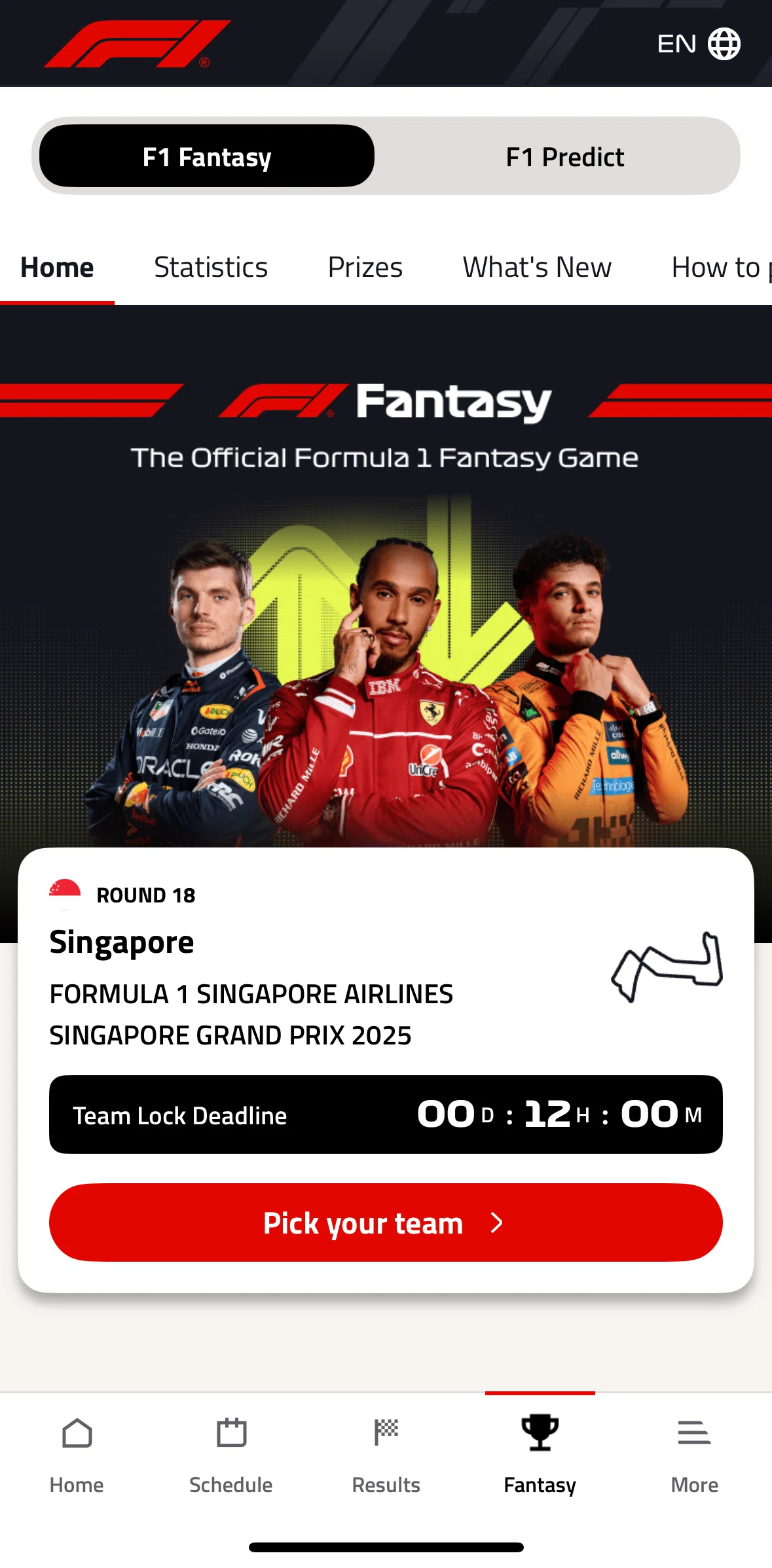 Formula 1® Screen screen in the Home (fantasy) flow