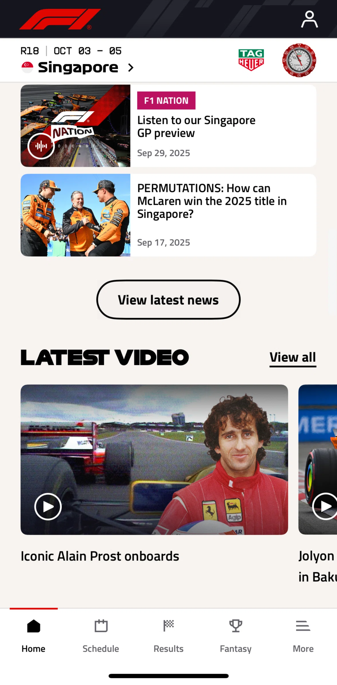 Formula 1® Screen screen in the Latest news flow