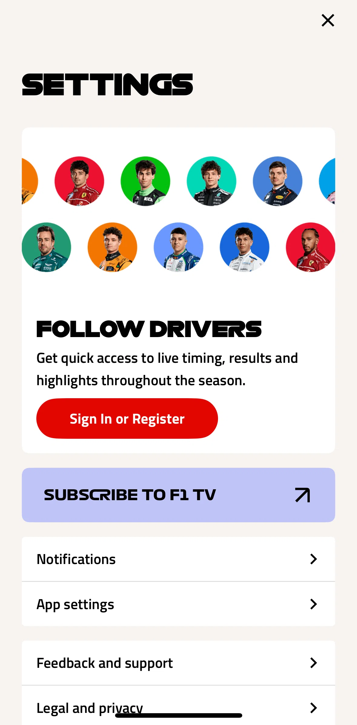 Formula 1® Screen screen in the Logging in flow