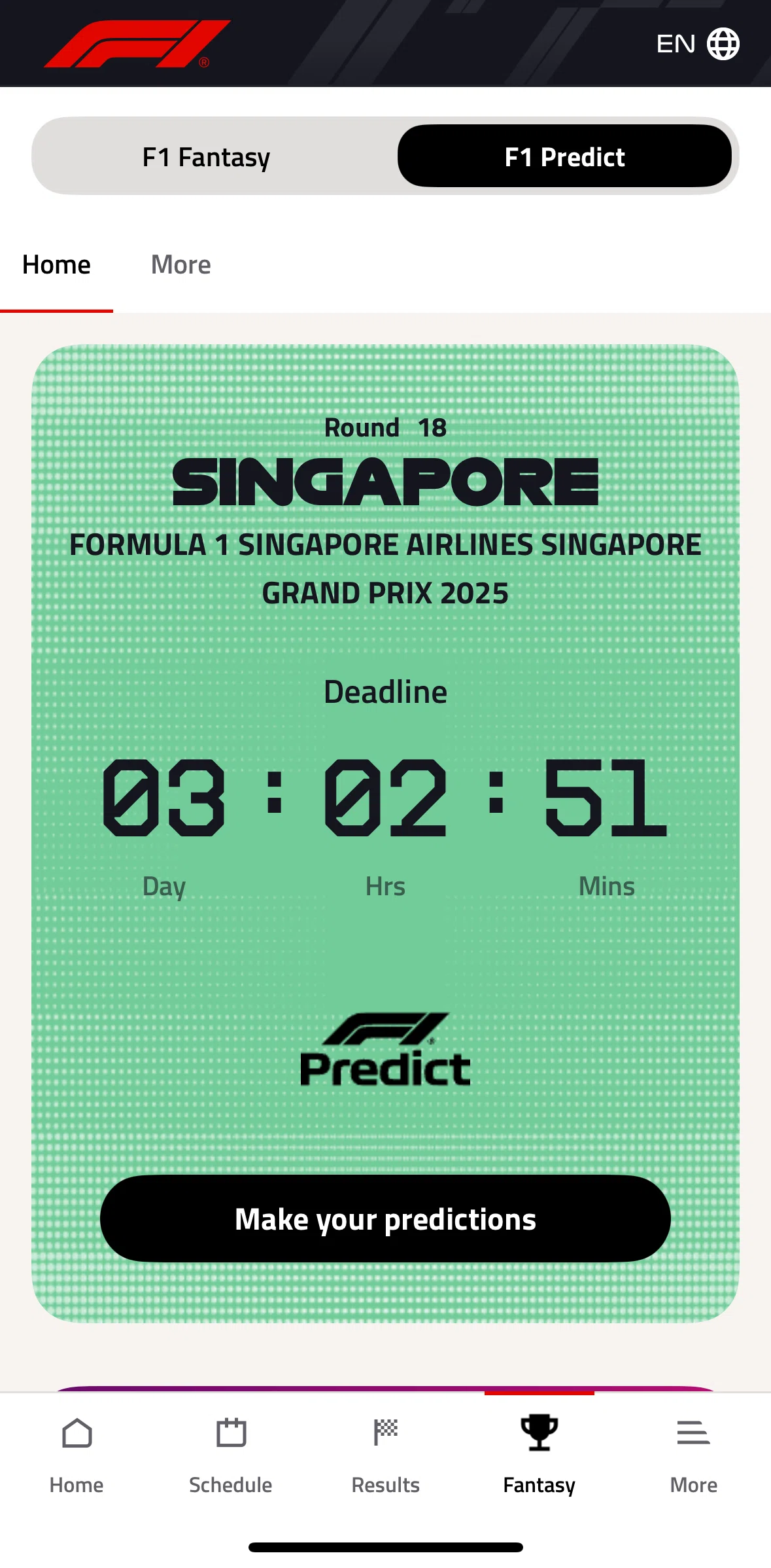 Formula 1® Screen screen in the Making a prediction flow