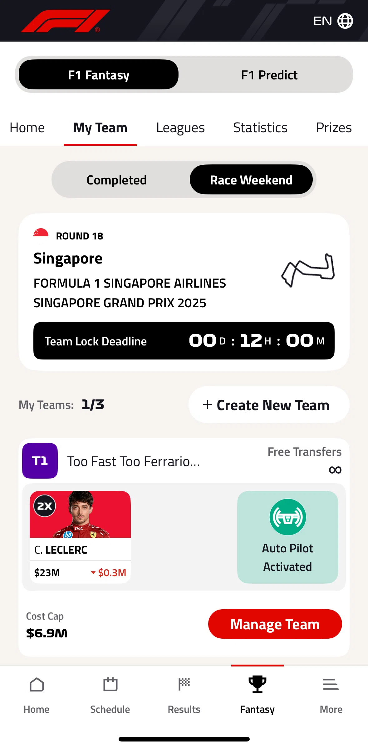 Formula 1® Screen screen in the Managing a team flow