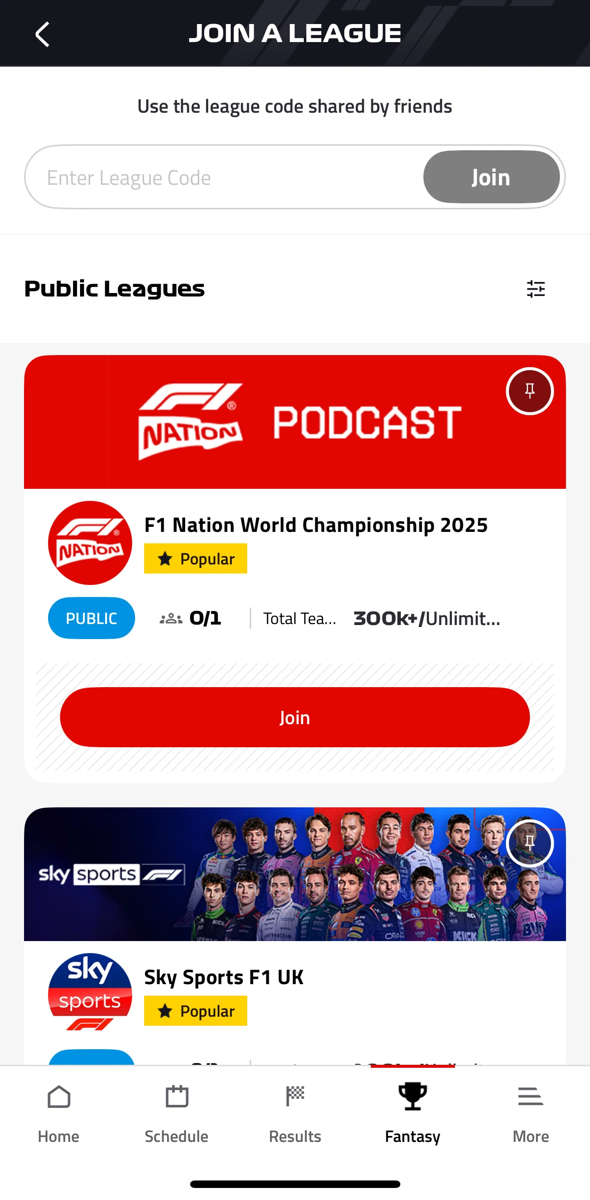 Formula 1® Screen screen in the Pinning a league flow
