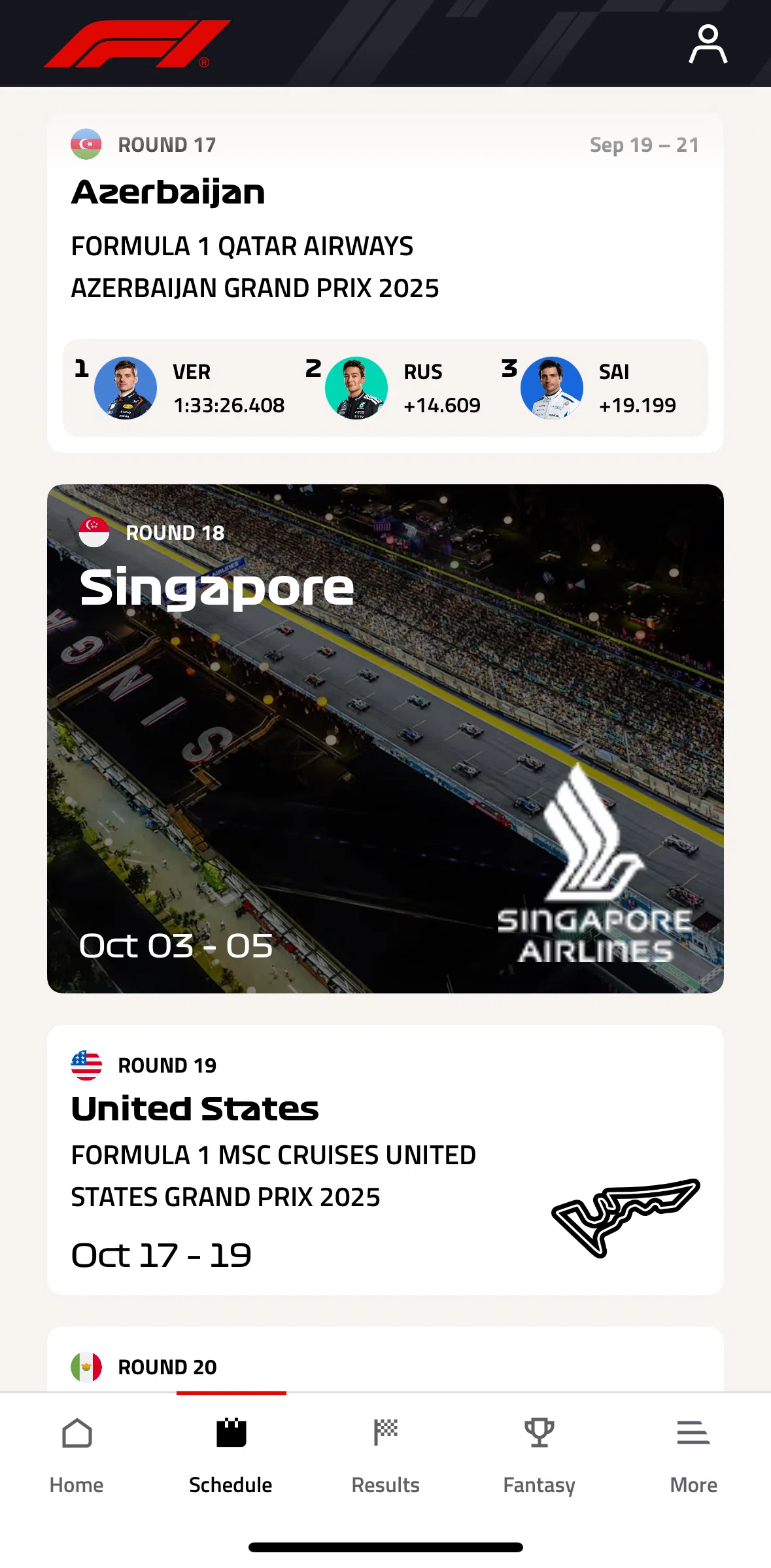 Formula 1® Screen screen in the Race detail flow