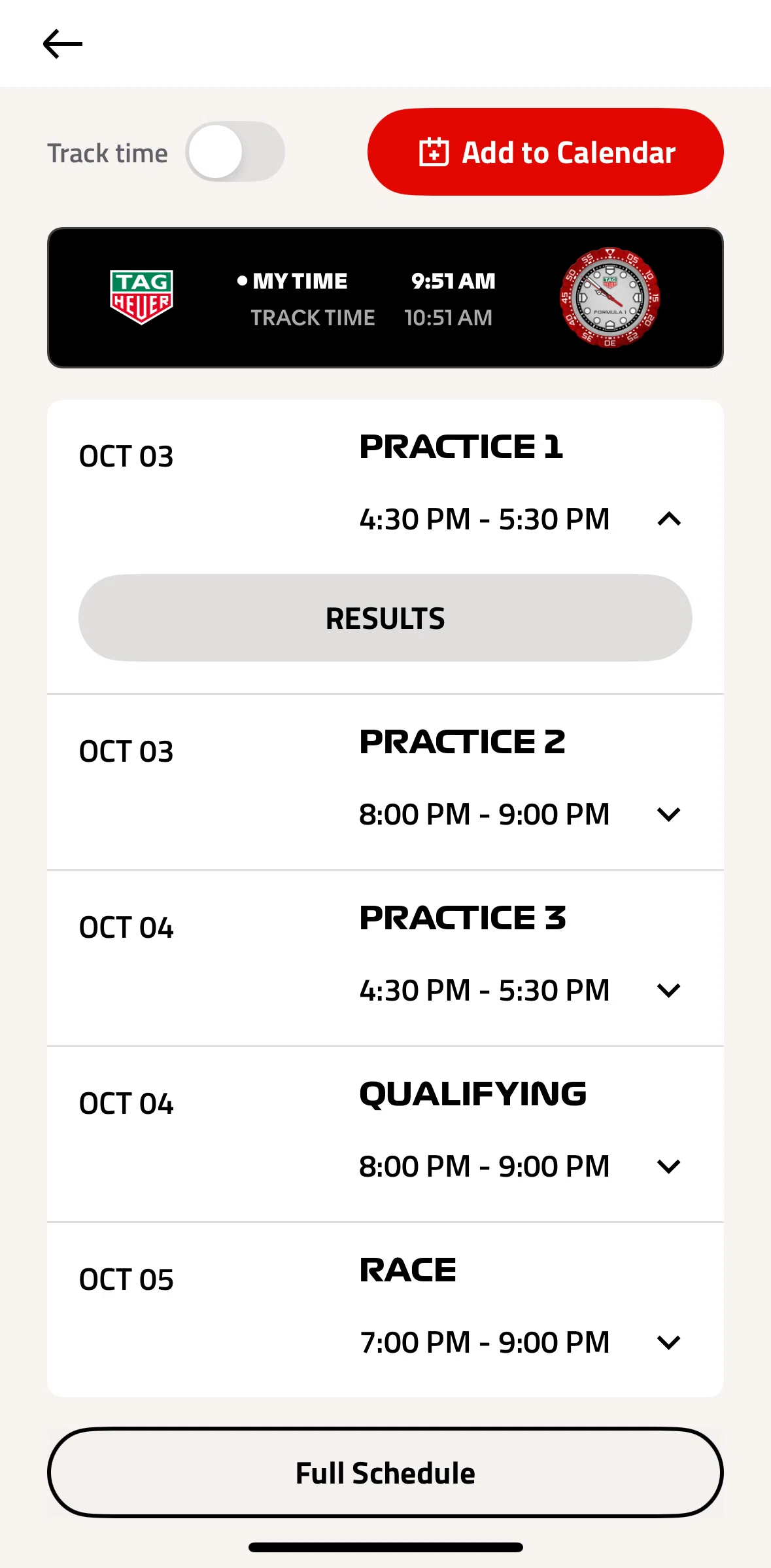 Formula 1® Screen screen in the Results (race schedule) flow