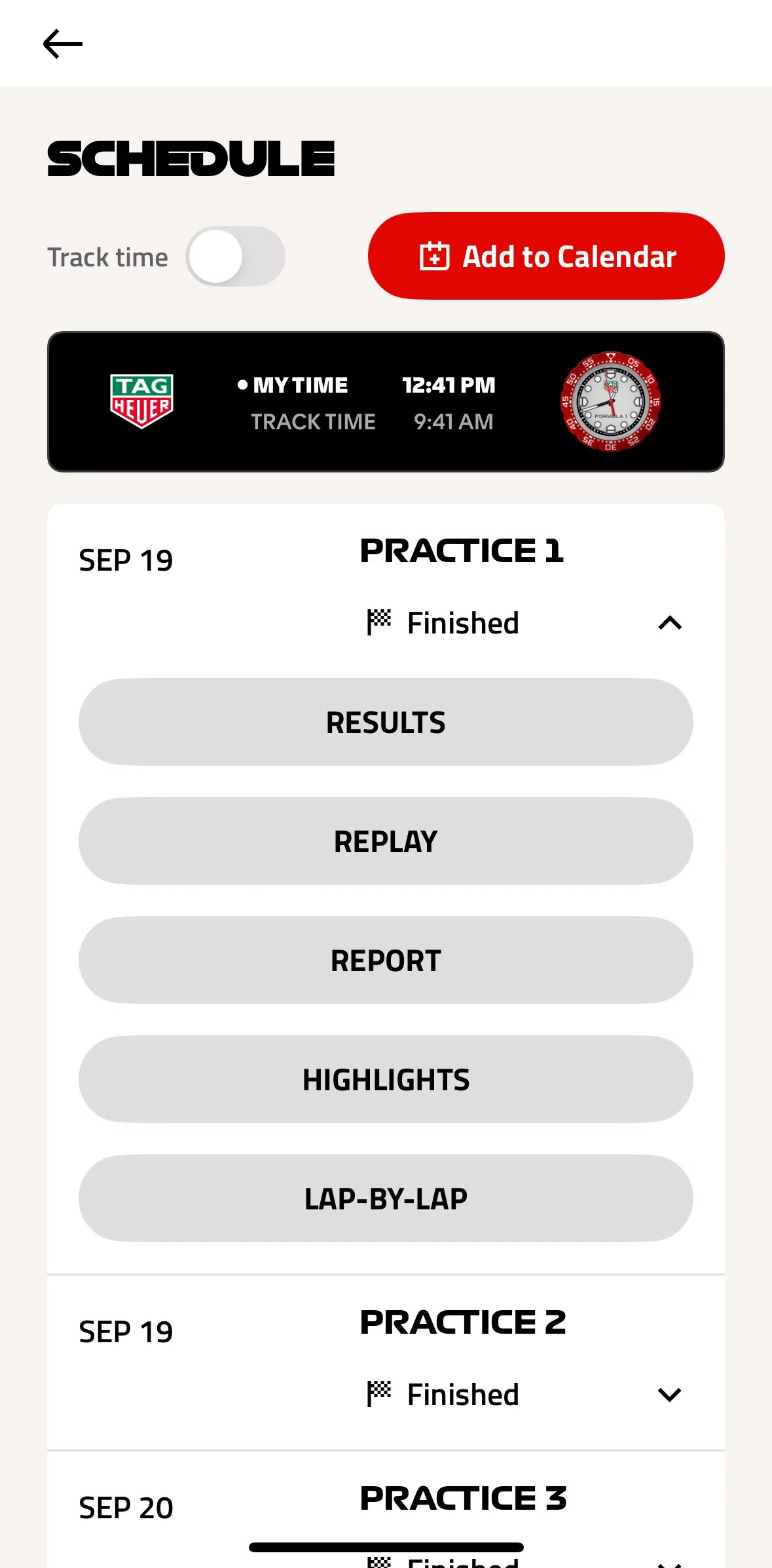 Formula 1® Screen screen in the Results (schedule) flow