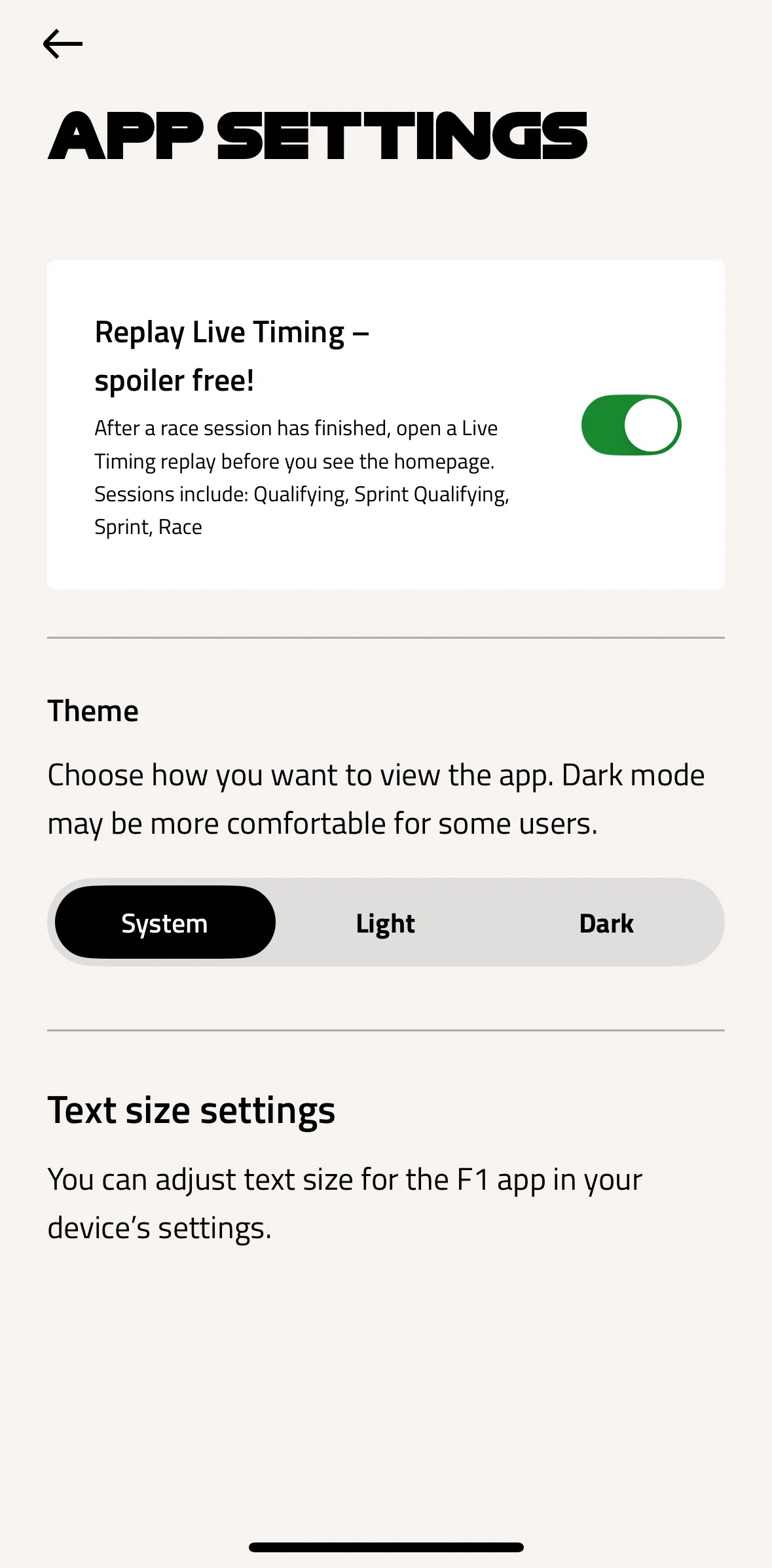 Formula 1® Screen screen in the Switching to dark mode flow