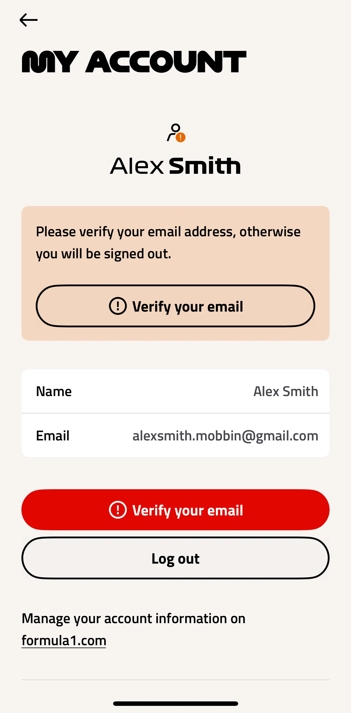 Formula 1® Screen screen in the Verifying an email flow