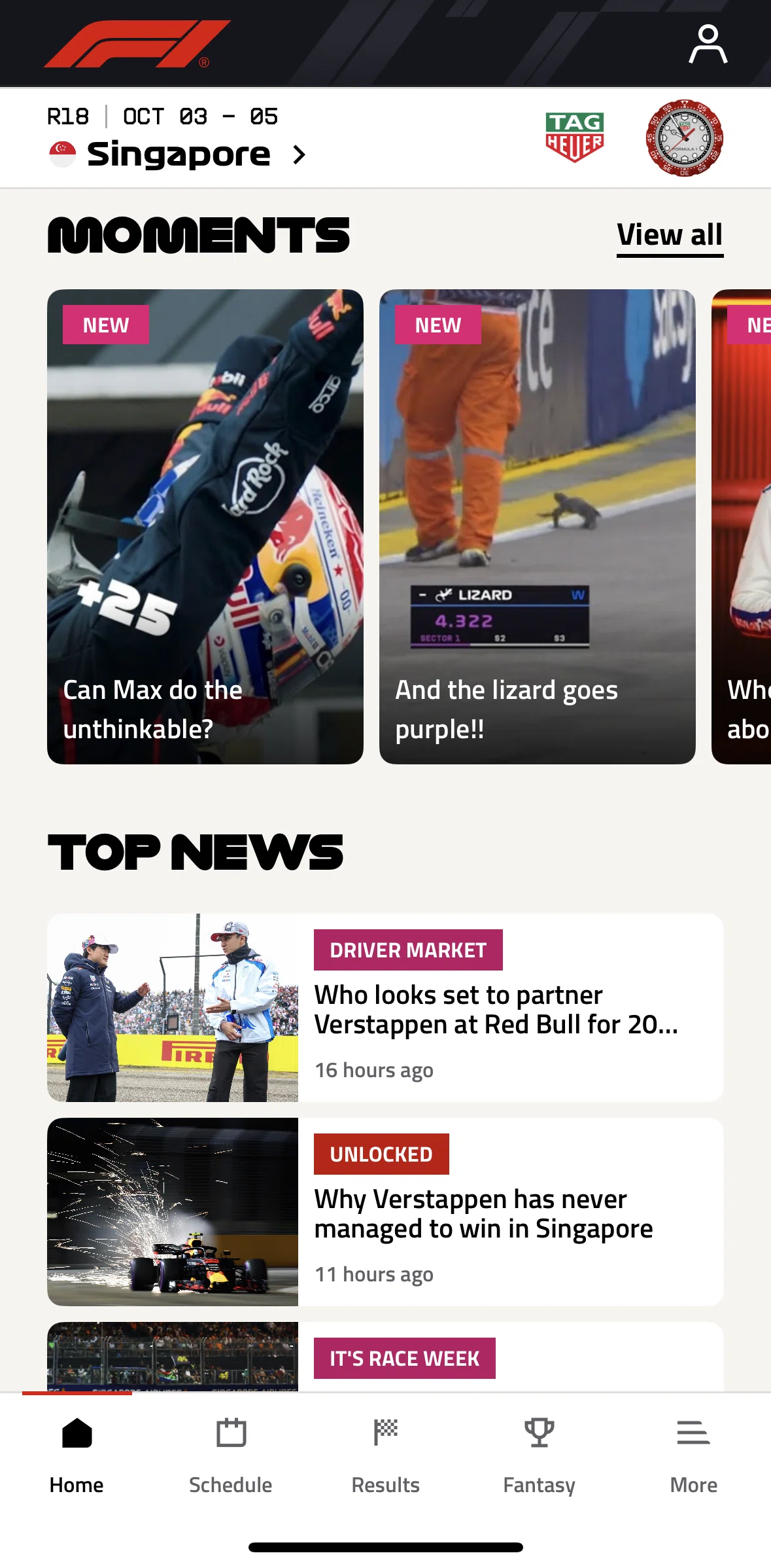 Formula 1® Screen screen in the Watching a moment flow