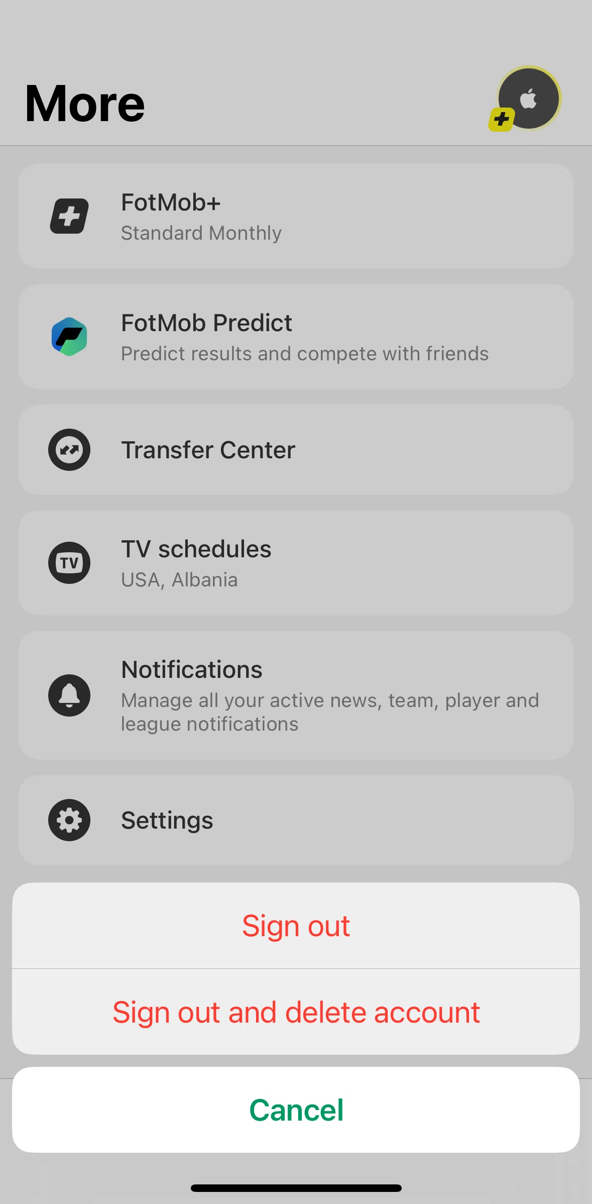 FotMob Screen screen in the Deleting account flow