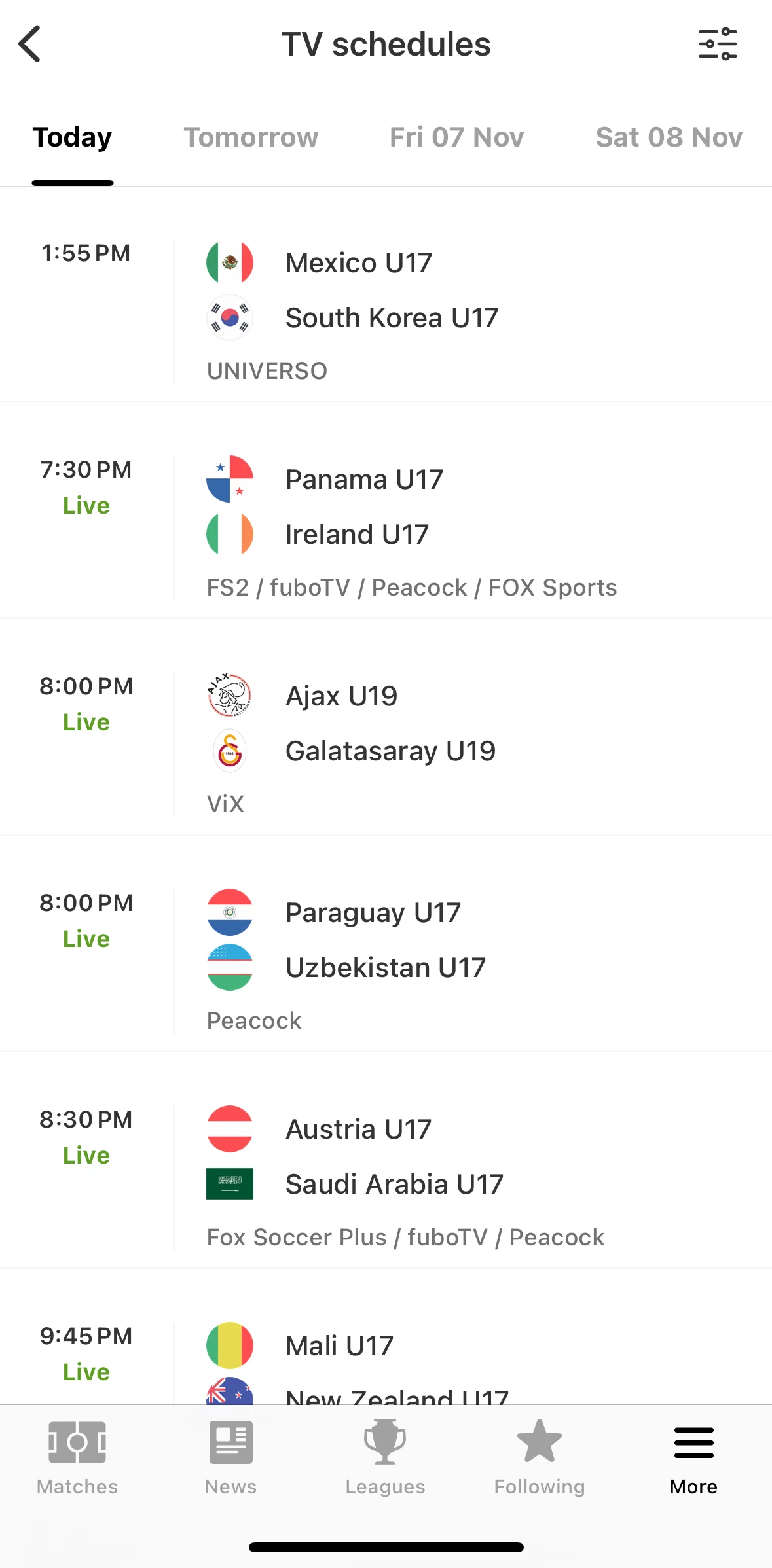 FotMob Screen screen in the Filtering TV schedules flow