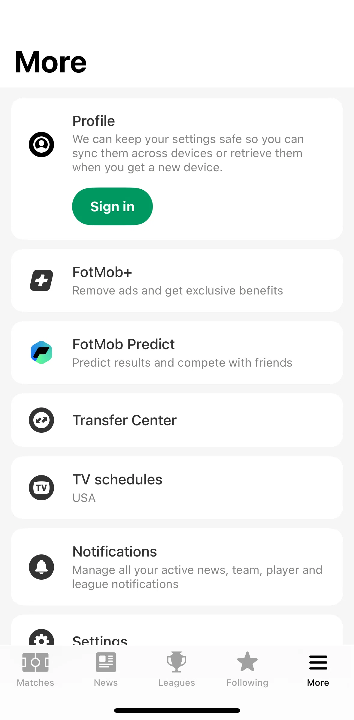 FotMob Screen screen in the Logging in flow