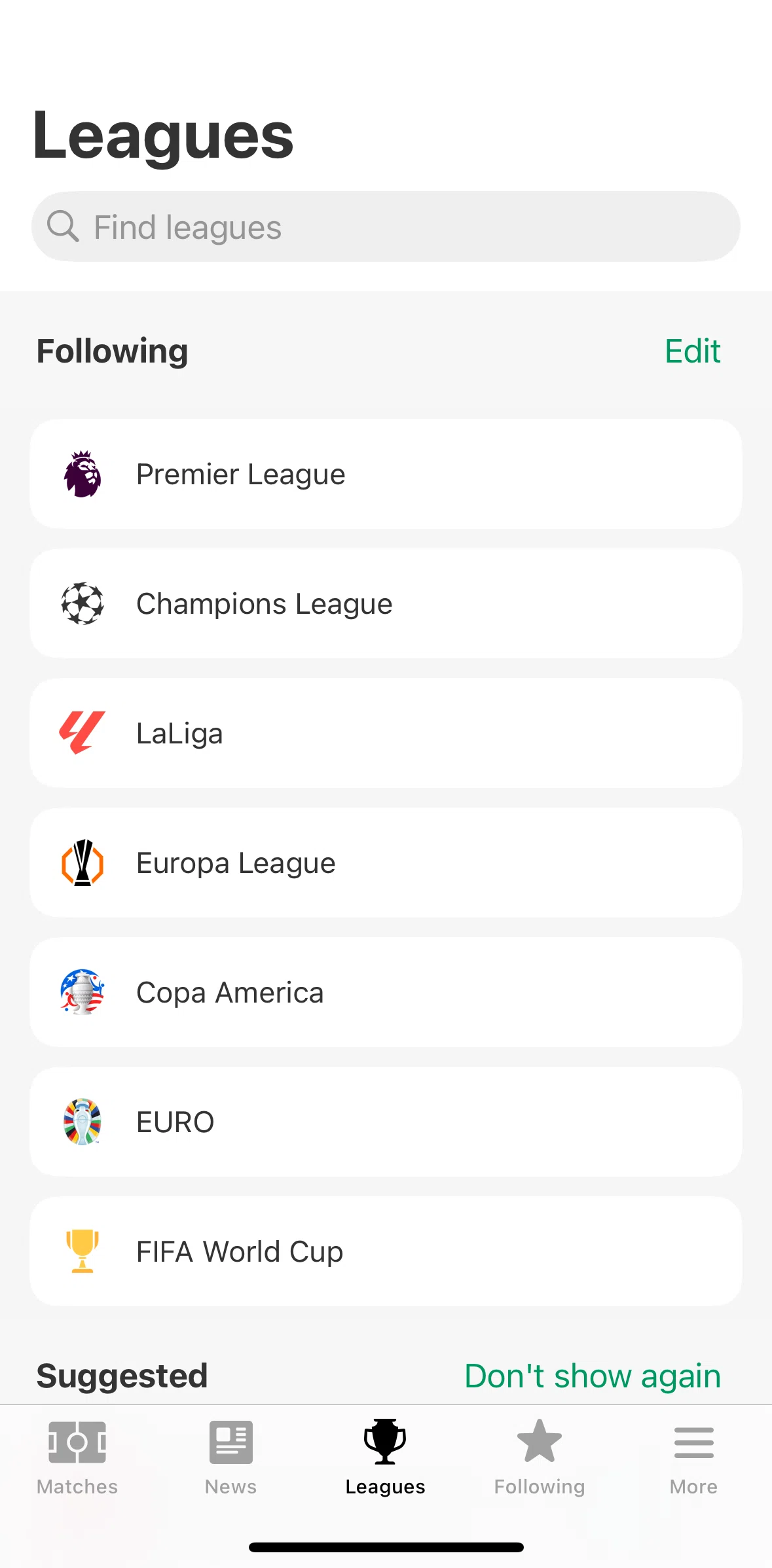 FotMob Screen screen in the Removing a league from following flow