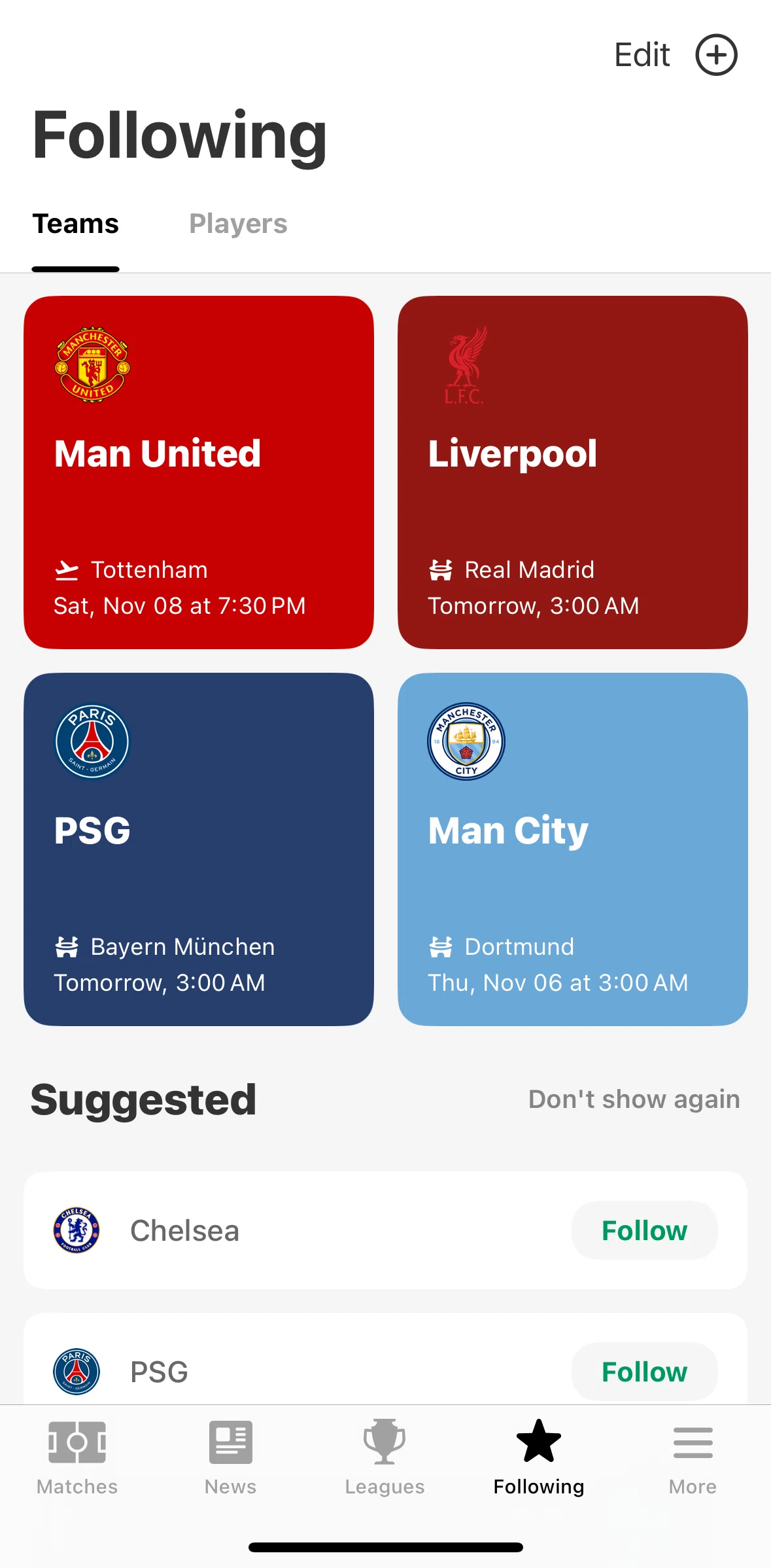 FotMob Screen screen in the Removing a team from favorites flow
