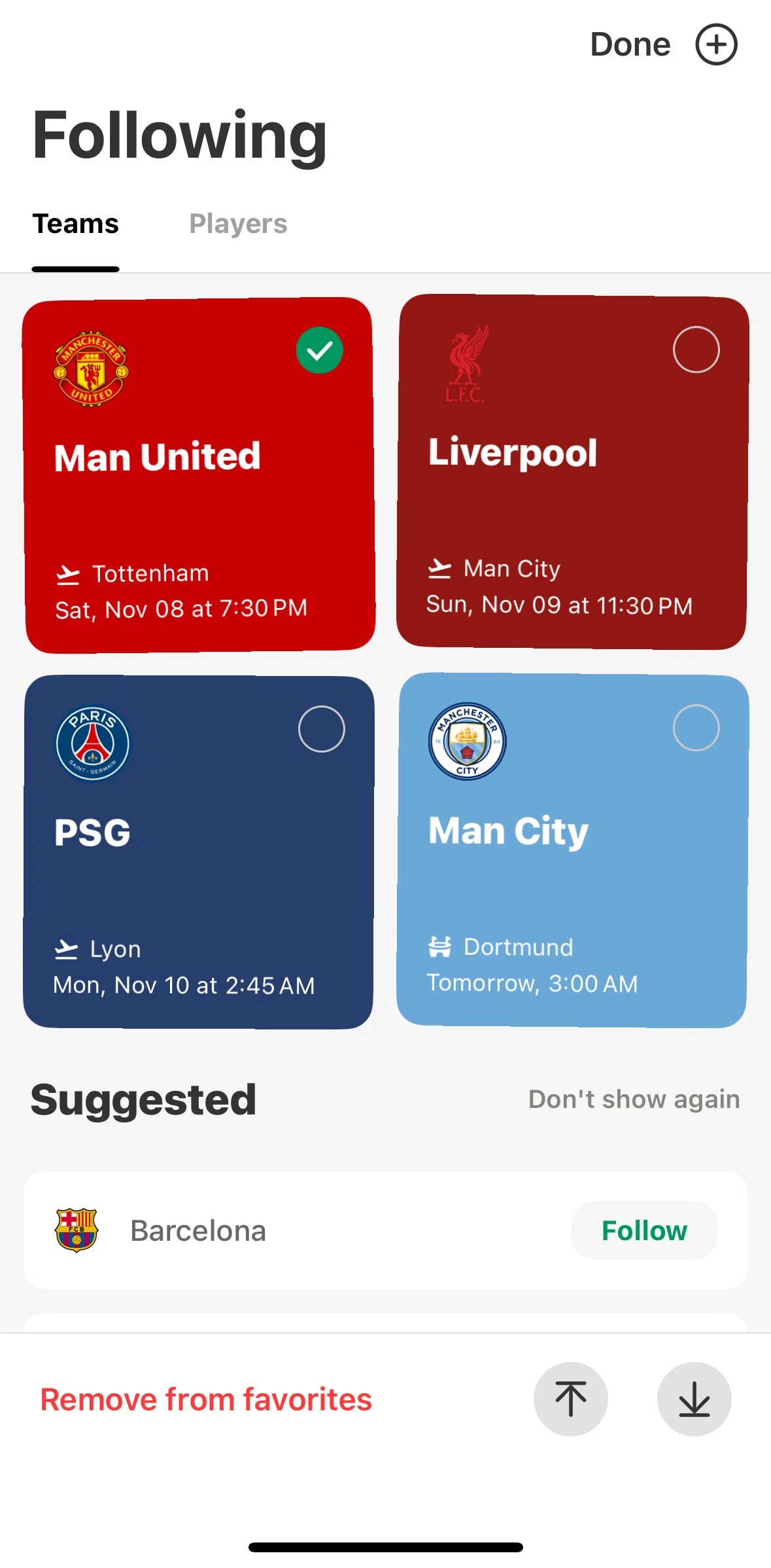 FotMob Screen screen in the Reordering following flow