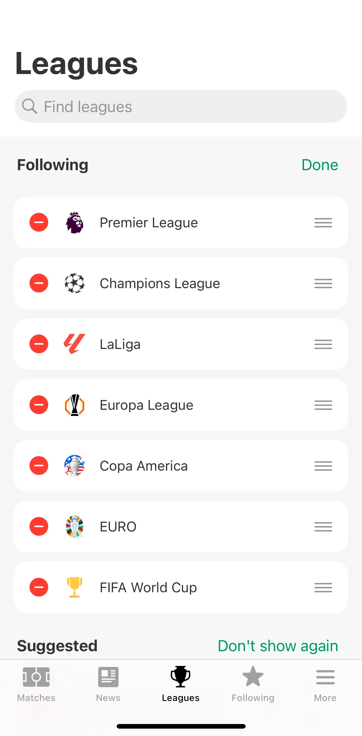 FotMob Screen screen in the Reordering leagues flow
